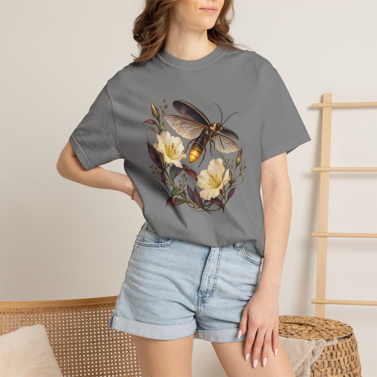 Firefly & Evening Primrose T-Shirt — botanical firefly illustration detail