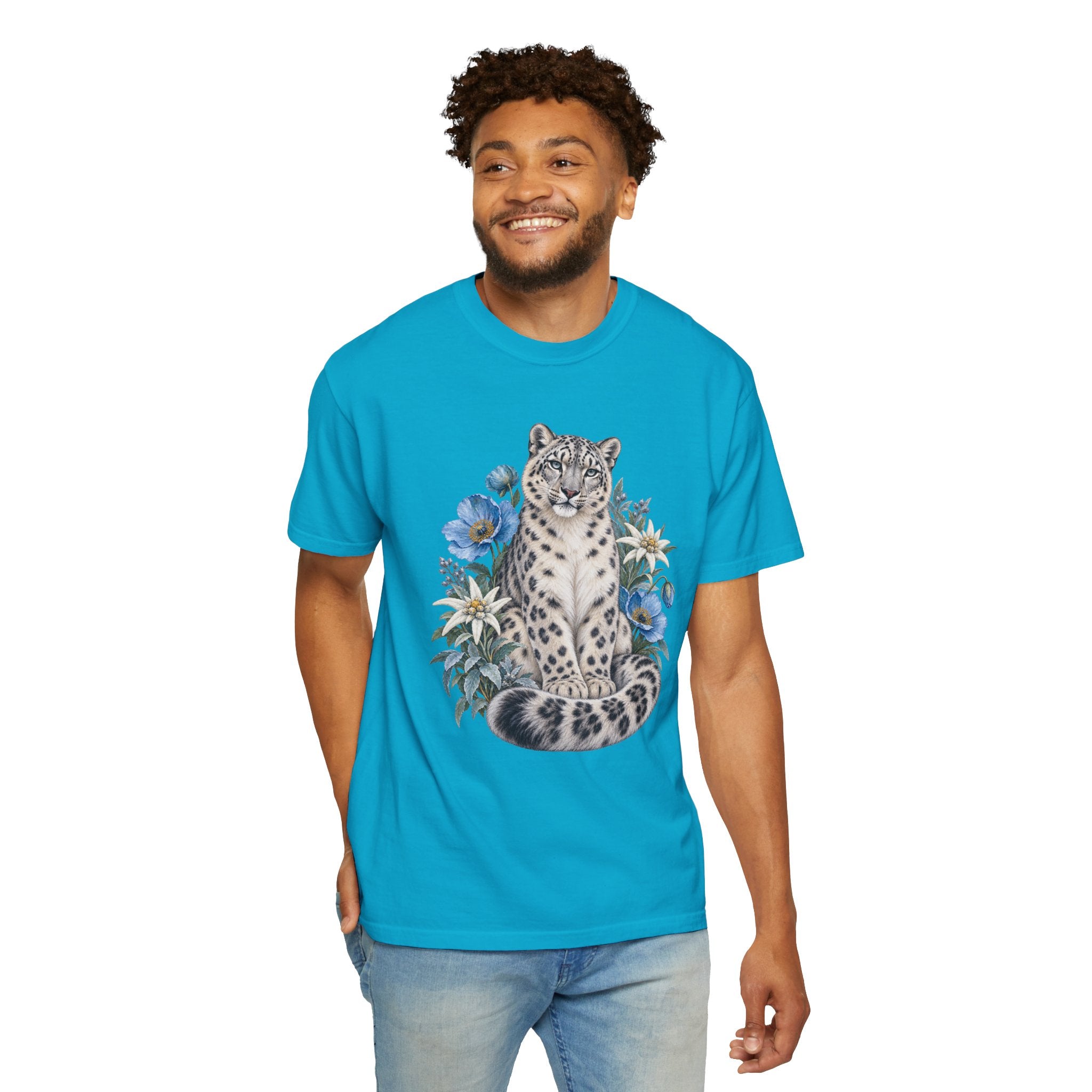 Snow Leopard & Blue Poppy T-Shirt — botanical wildlife design, worn