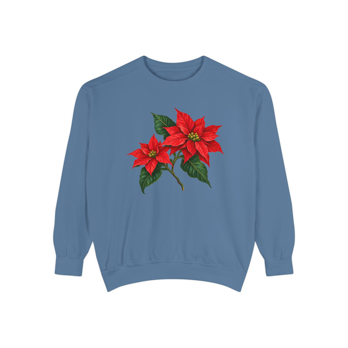 Poinsettia sweatshirt in Blue Jean, front view