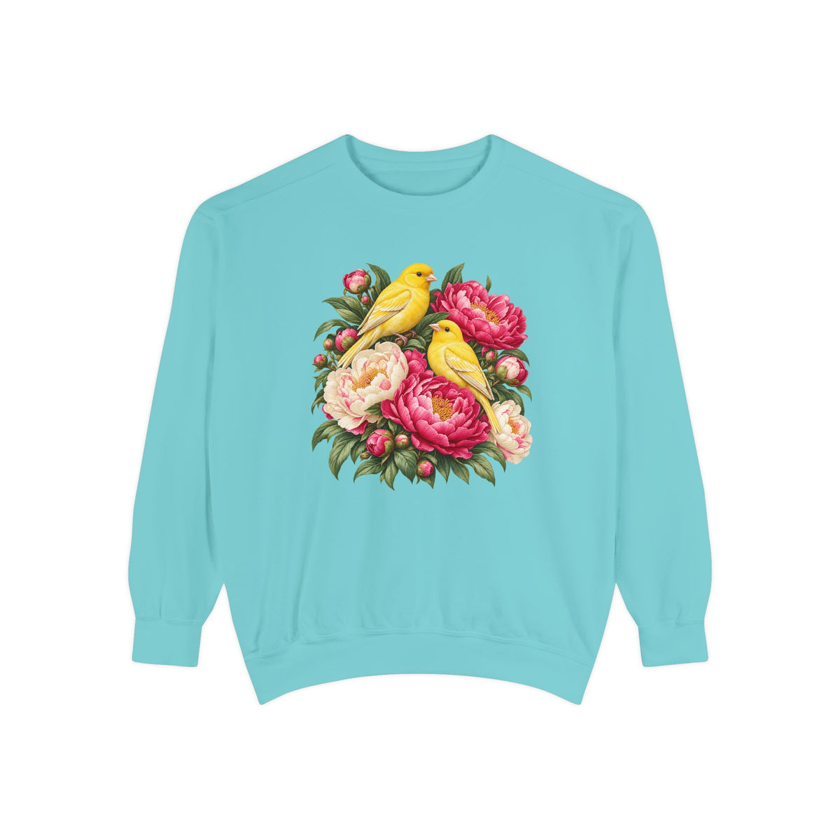 Yellow Songbirds and Pink Peony Sweatshirt - layered, softly shaded petals in the vintage botanical illustration style