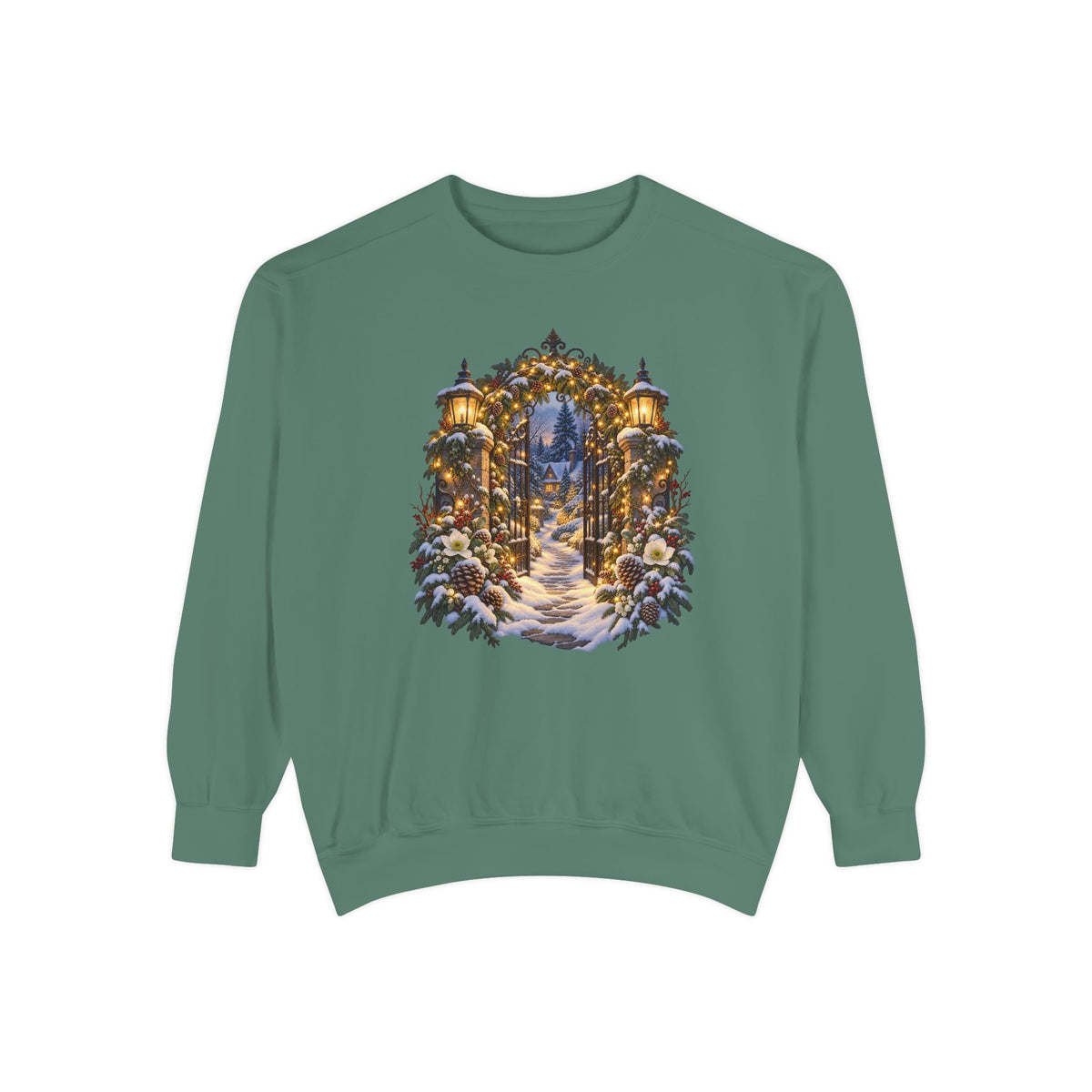 Christmas garden gate sweatshirt in Light Green, a soft sage garment-dyed Comfort Colors 1566 crewneck with a snowy lantern-lit garden gate
