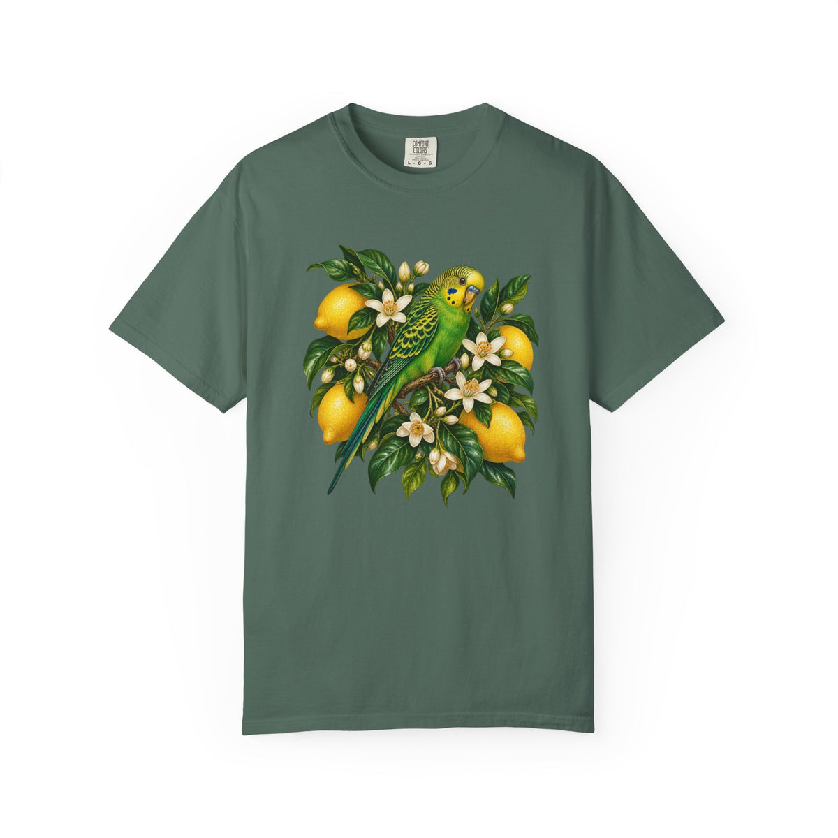 Lemon Tree and Budgie T-Shirt - the budgerigar seen close, yellow across the face and crown with fine black barring over the nape and wings