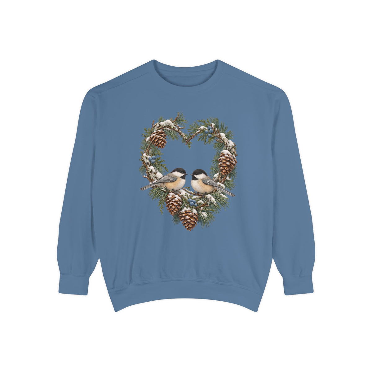 Chickadee heart wreath sweatshirt in Blue Jean, front view