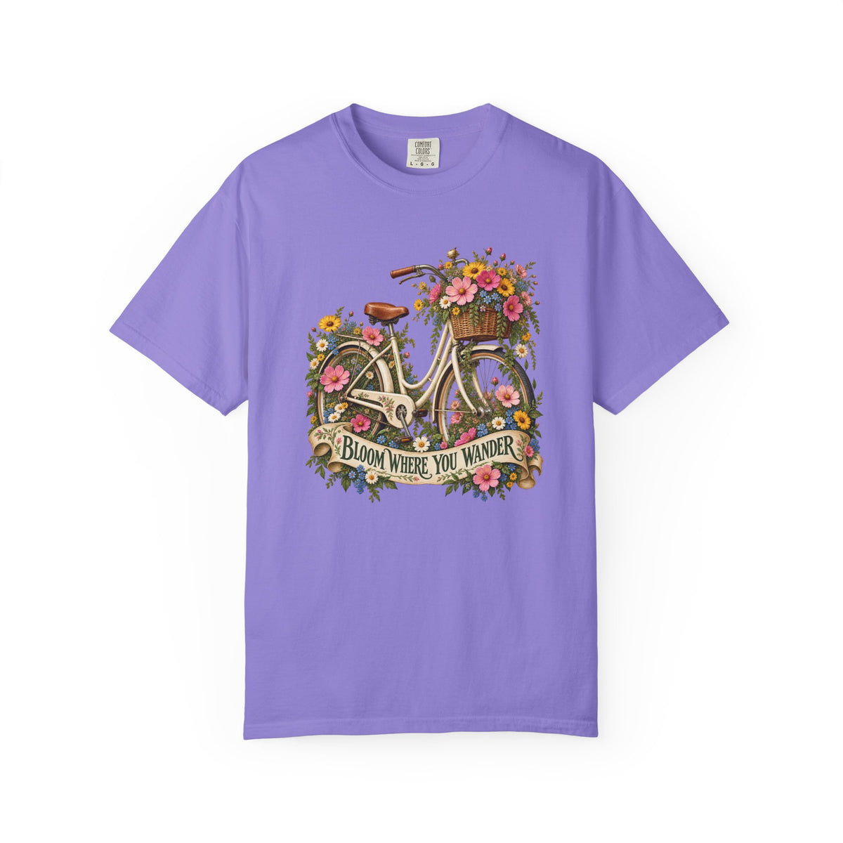 Bloom Where You Wander Floral Bicycle T-Shirt - the tubular body and ribbed crew collar of the Comfort Colors 1717 beneath the front print