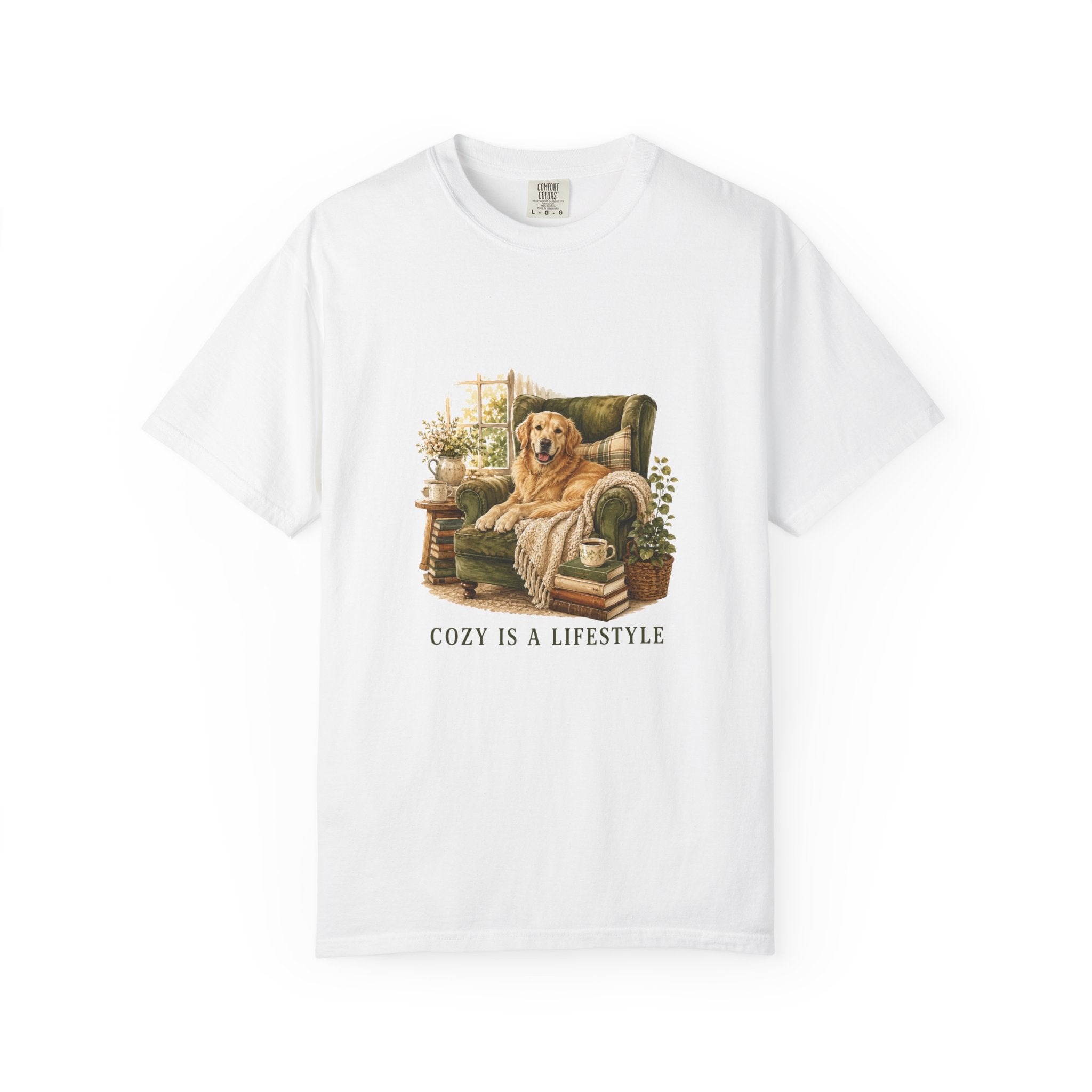 Cozy Is a Lifestyle Golden Retriever tee front view