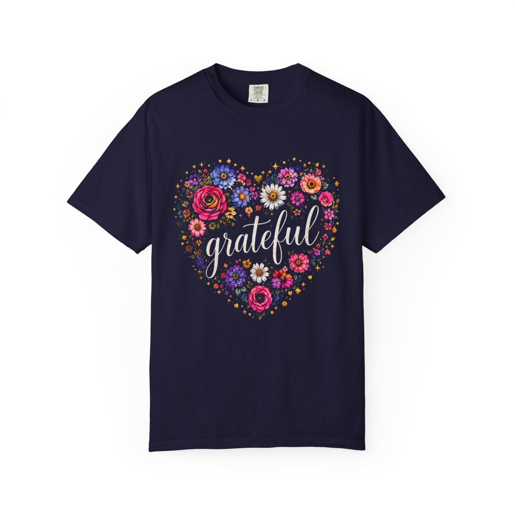 Grateful floral heart tee front view on black