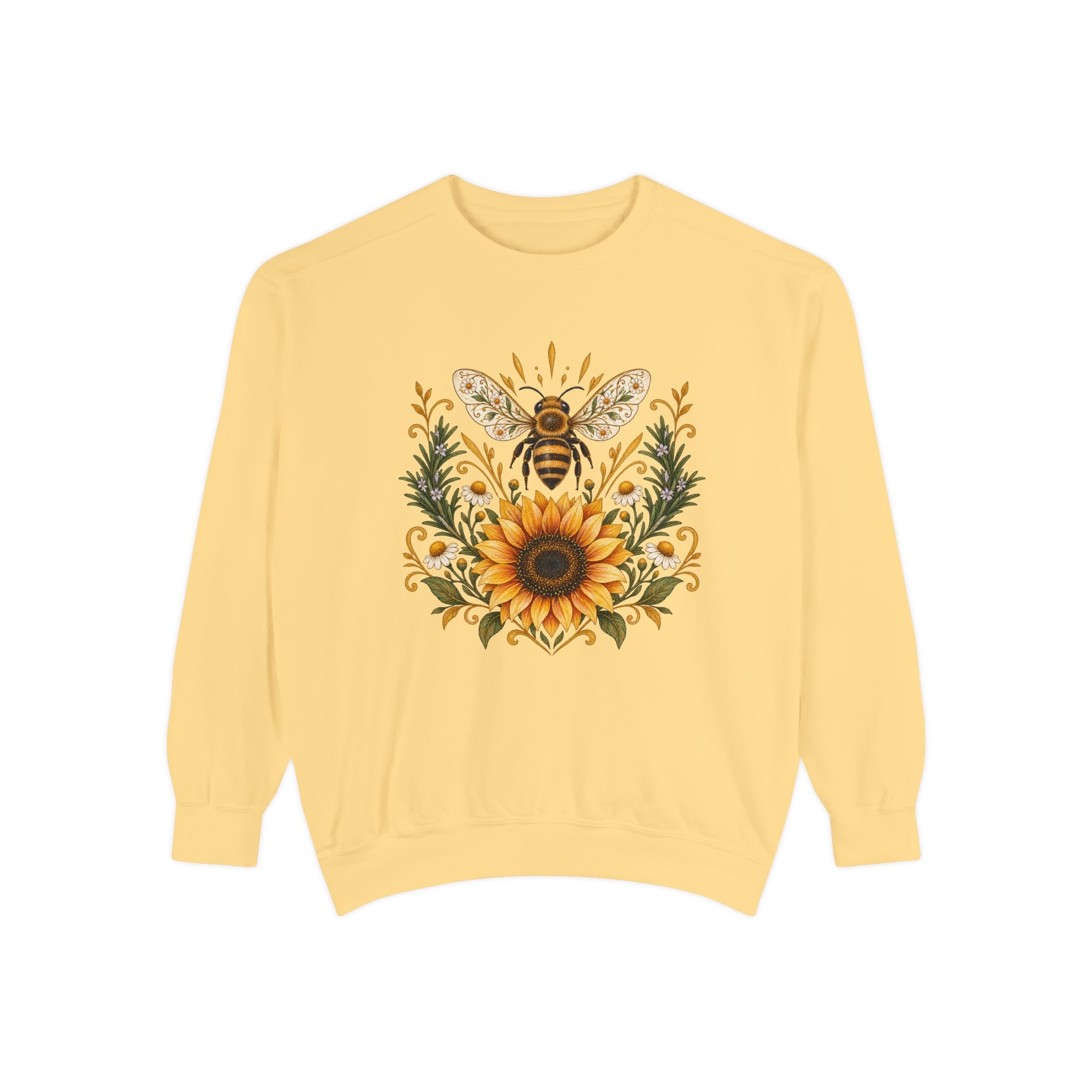 Bee & Sunflower Crest Sweatshirt — Garment-Dyed Fleece