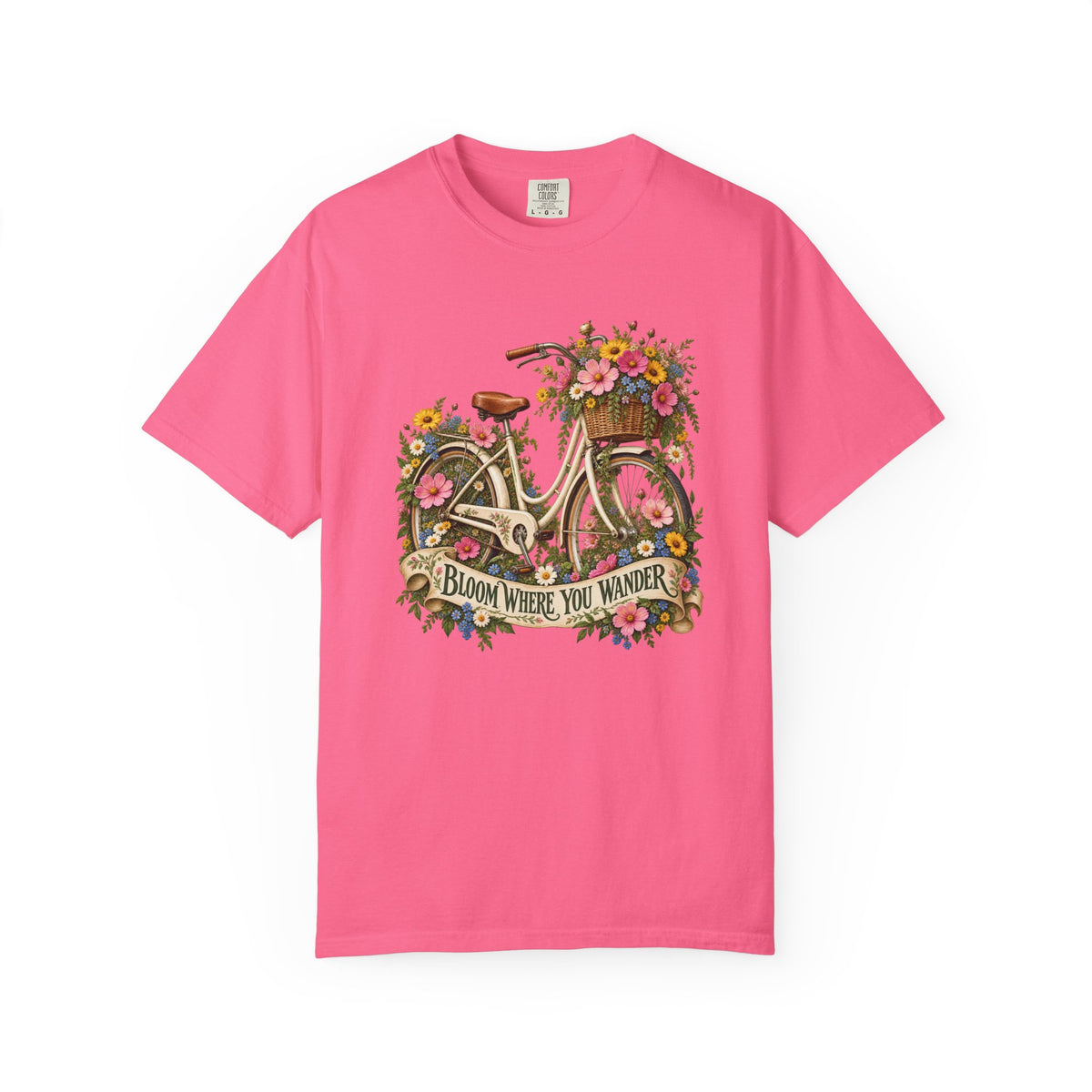 Bloom Where You Wander Floral Bicycle T-Shirt - pink, yellow, white and blue blooms gathered around the pale bicycle frame