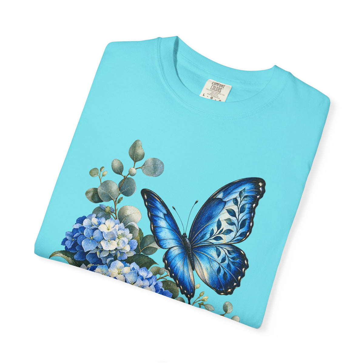 Blue Morpho & Hydrangea T-Shirt — Garment-Dyed Cotton