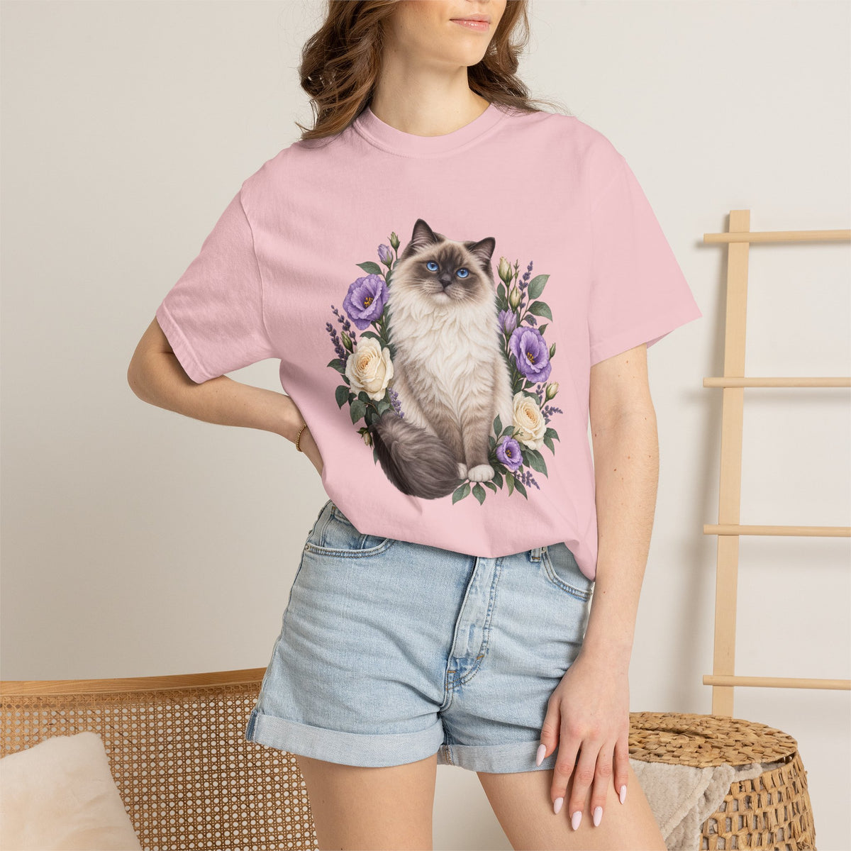 Cat Lover T-Shirt — Blue-Eyed Cat & Wildflowers