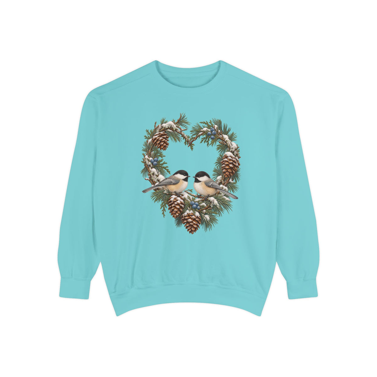 Chickadee heart wreath sweatshirt in Chalky Mint, front view