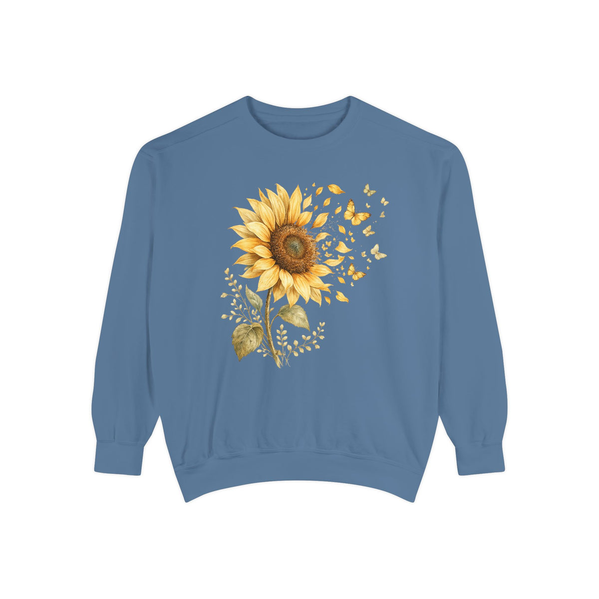 Sunflower butterfly sweatshirt in Blue Jean, front view