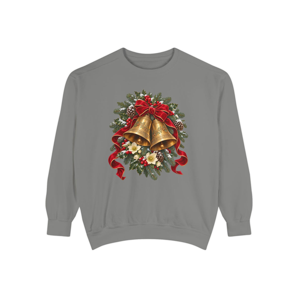 Vintage Christmas bells sweatshirt in Grey, front view