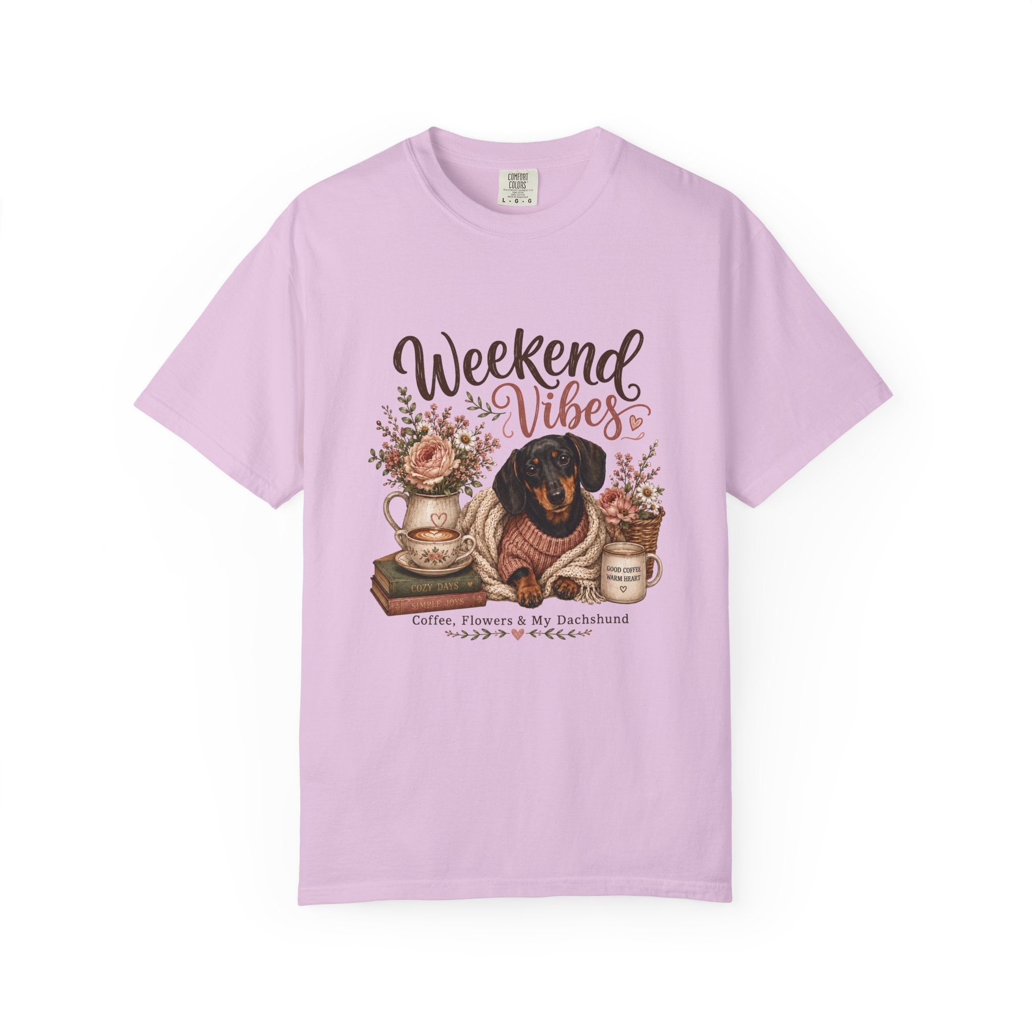 Weekend Vibes Dachshund Comfort Colors Shirt, Coffee Flowers Doxie Tee, Dachshund Mom Gift, Cozy Dog Shirt, Dog Lover Gift Her