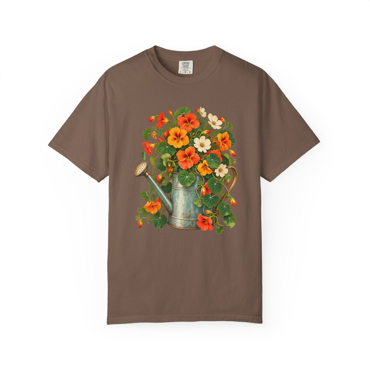 Nasturtiums overflowing a planted watering can - vintage botanical illustration printed large and centered on the chest, not a back print