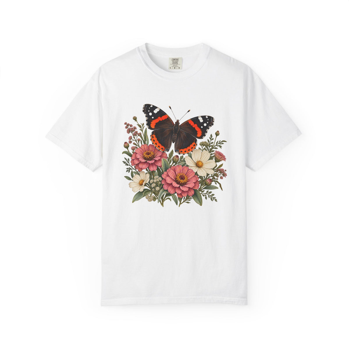 Red Admiral & Zinnia T-Shirt — Garment-Dyed Cotton
