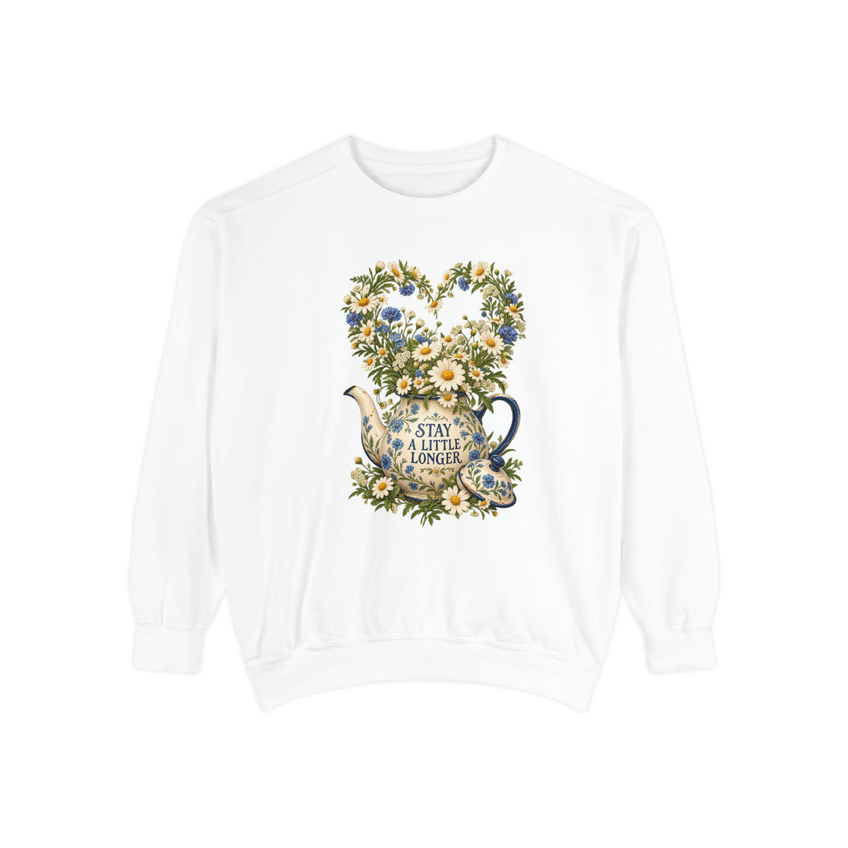 Floral Teapot and Daisy Heart Sweatshirt - a cream teapot painted with blue flowers beneath a heart of white daisies and cornflowers, lettered Stay a Little Longer