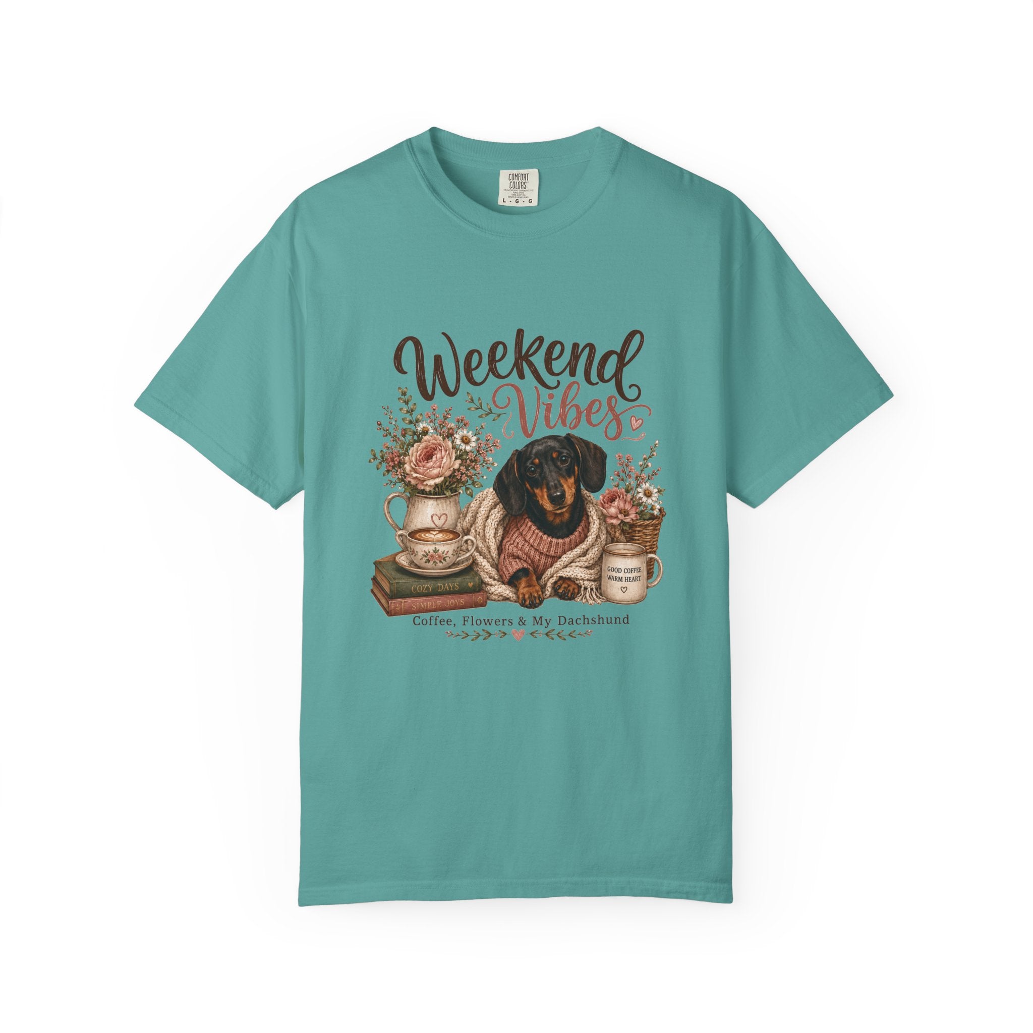 Weekend Vibes Dachshund Comfort Colors Shirt, Coffee Flowers Doxie Tee, Dachshund Mom Gift, Cozy Dog Shirt, Dog Lover Gift Her