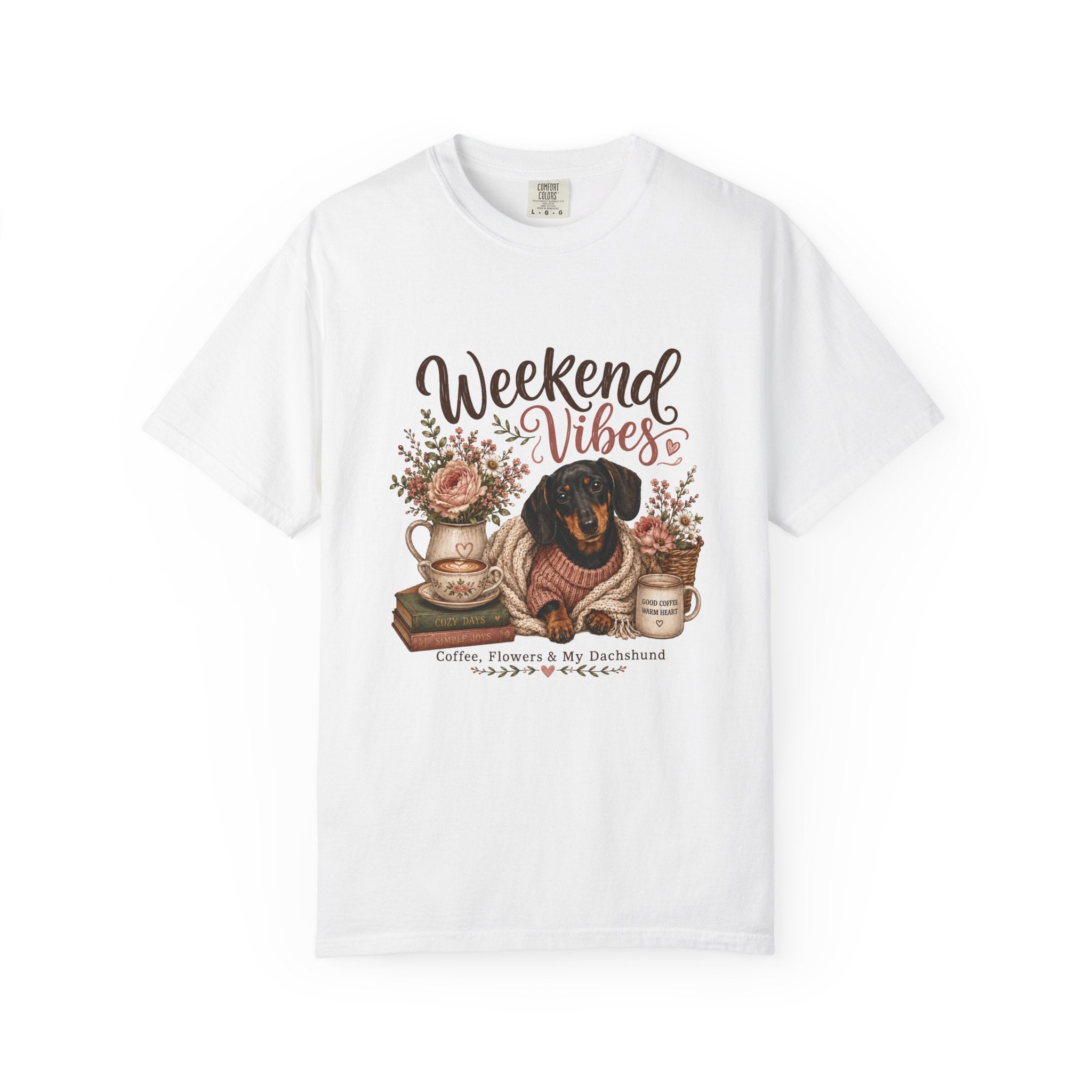 Weekend Vibes Dachshund Comfort Colors Shirt, Coffee Flowers Doxie Tee, Dachshund Mom Gift, Cozy Dog Shirt, Dog Lover Gift Her