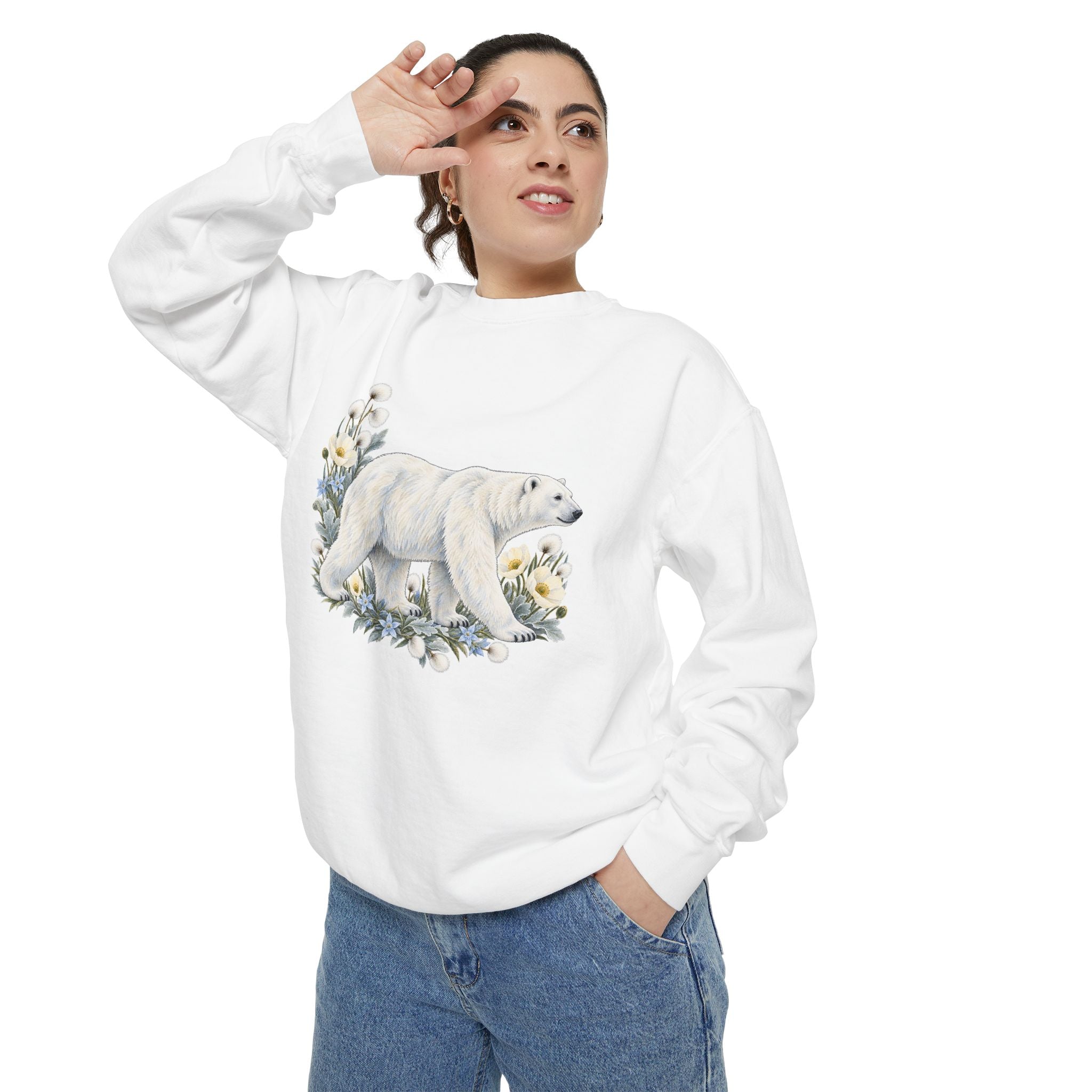 Polar Bear & Arctic Blooms Sweatshirt — Garment-Dyed Fleece