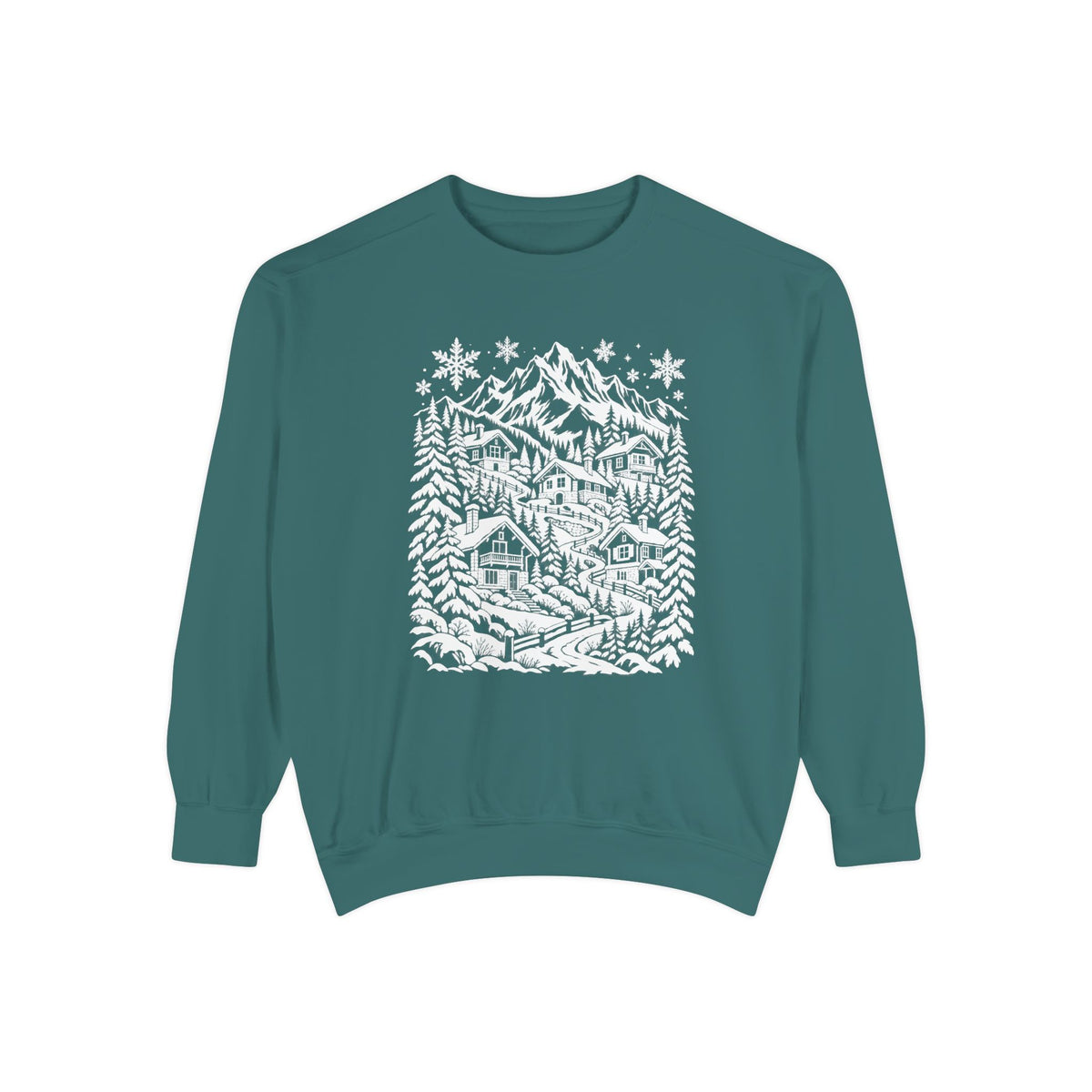 Snowy Mountain Chalets Line Art Sweatshirt — a snow-capped peak above balconied alpine chalets on terraced slopes, snow-laden pines to either side and large snowflakes falling above, drawn in white line art on a garment-dyed Comfort Colors crewneck