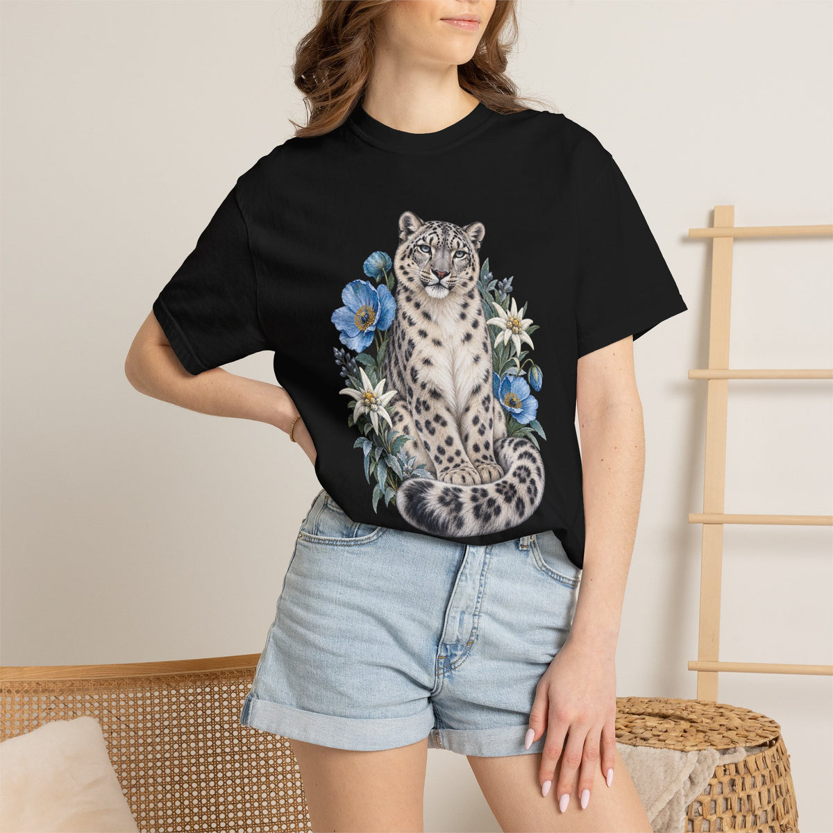 Snow Leopard & Blue Poppy T-Shirt — modelled, front