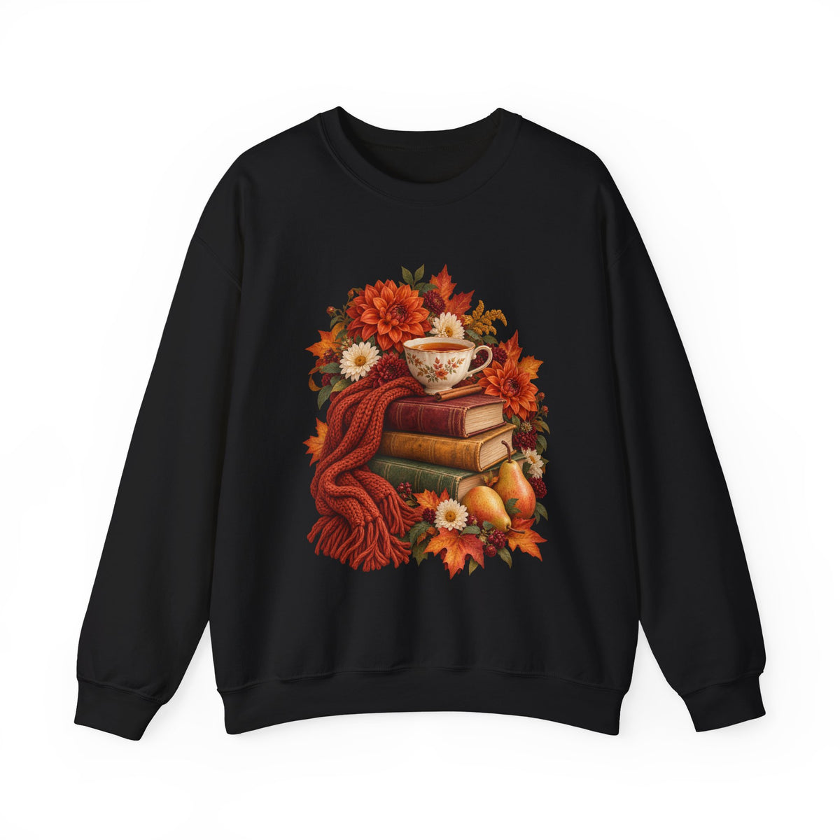 Just One More Chapter crewneck sweatshirt, a floral teacup resting on a stack of vintage books with pears, autumn flowers and a rust-colored scarf, image 1 of 14