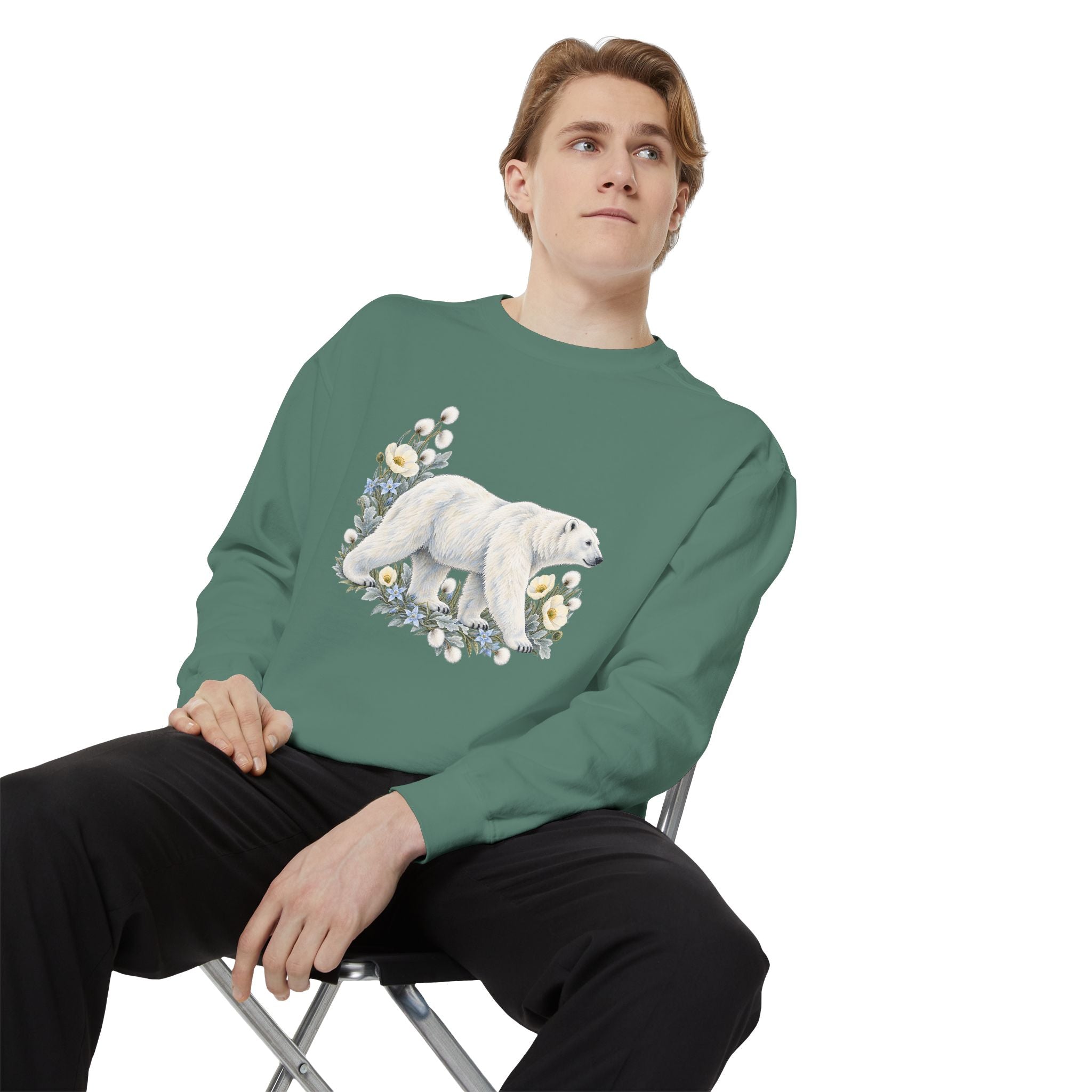 Polar Bear & Arctic Blooms Sweatshirt — Garment-Dyed Fleece