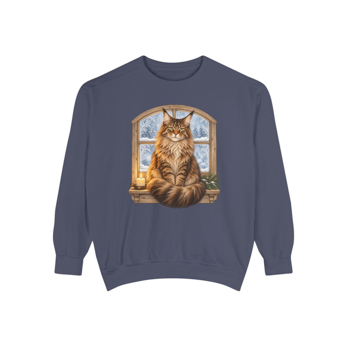 Maine Coon at the window sweatshirt in Denim, front view