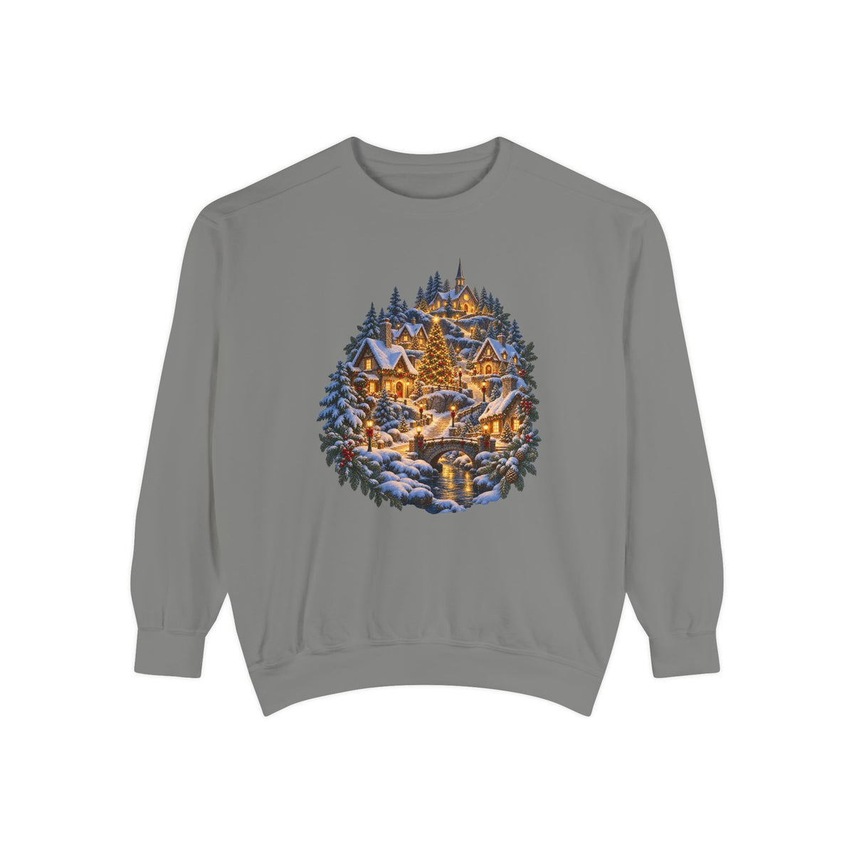 Small town Christmas sweatshirt in Grey, a soft heather gray garment-dyed Comfort Colors 1566 crewneck with a snowy hillside village and lit church