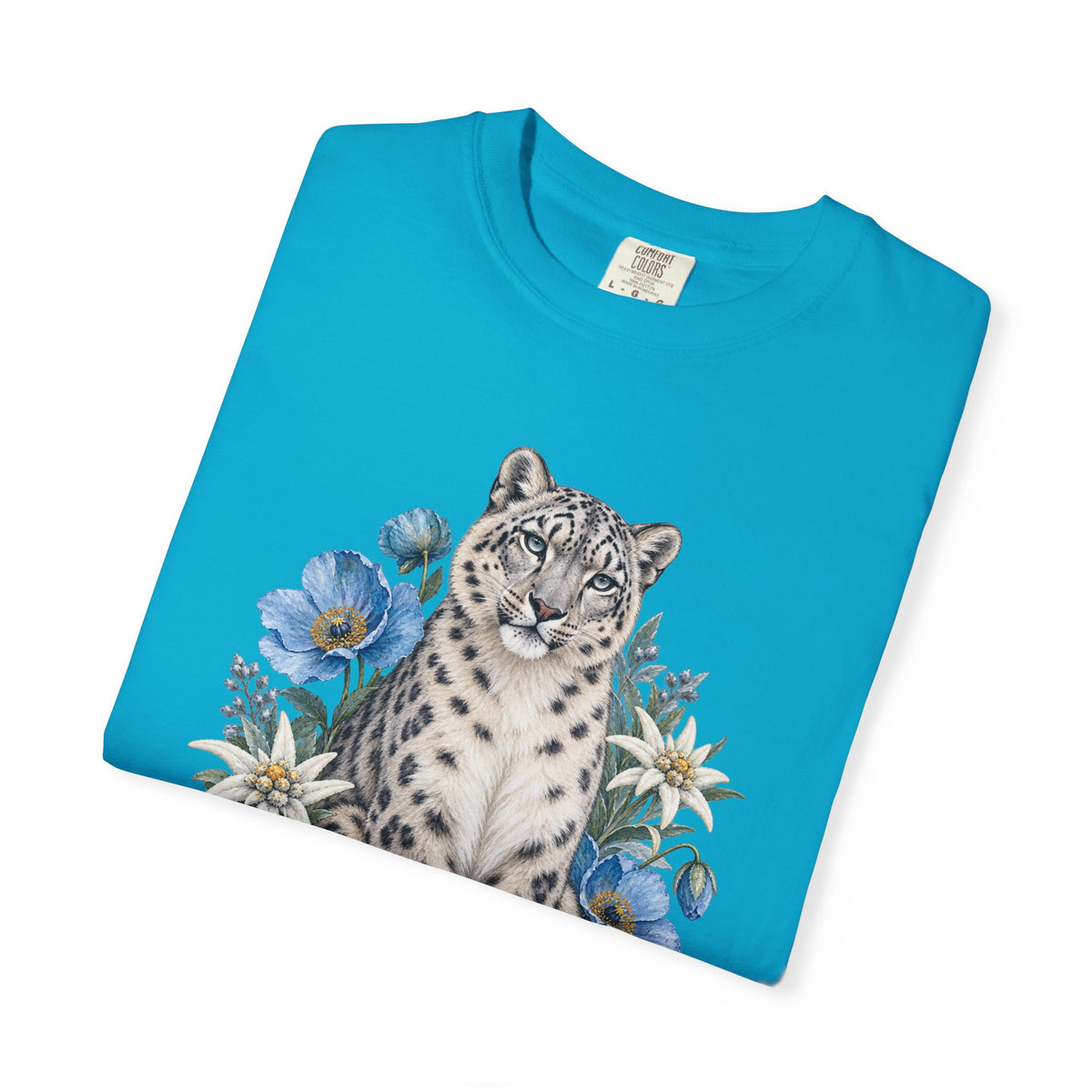 Snow Leopard & Blue Poppy T-Shirt — relaxed fit on model