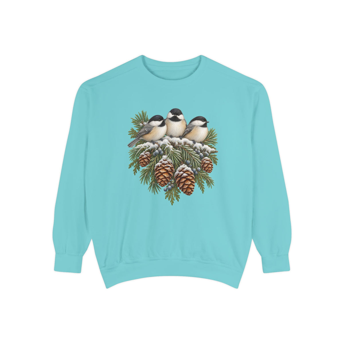 Chickadee sweatshirt in Chalky Mint, a light aqua garment-dyed Comfort Colors 1566 crewneck with three winter chickadees and pinecones