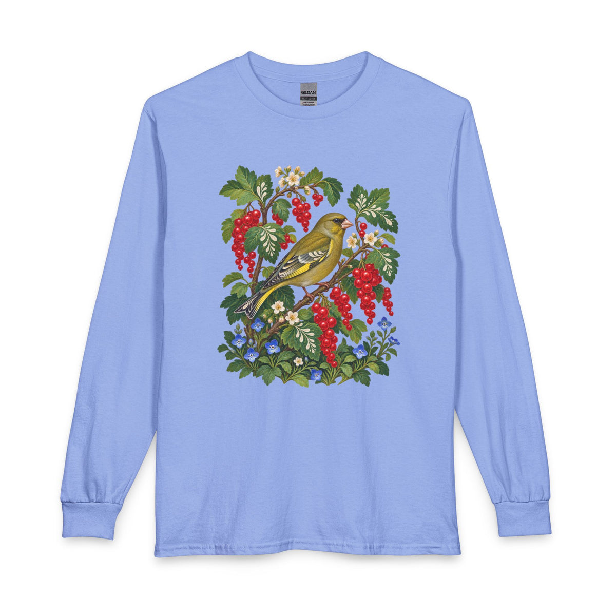 Red Currant & Songbird Long-Sleeve T-Shirt — detail of the currant clusters, cream blossoms and decorative folk-art leaves