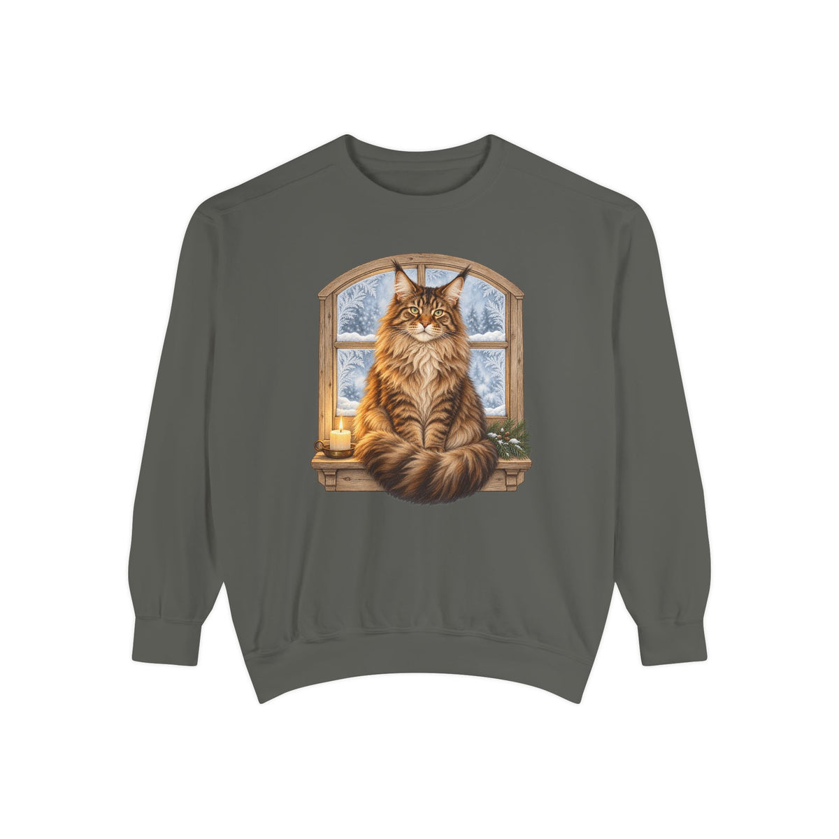 Maine Coon at the window sweatshirt in Pepper, front view