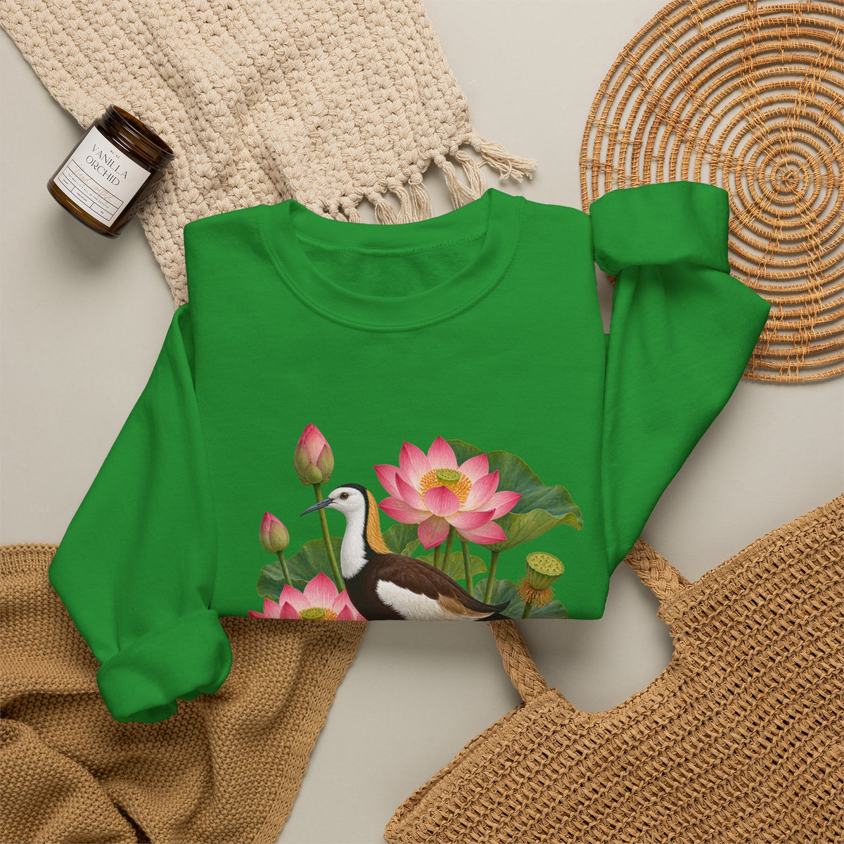 Lightly, She Goes crewneck sweatshirt, a long-tailed waterbird among pink lotus blossoms, buds, seed pods and broad green leaves, image 17 of 28