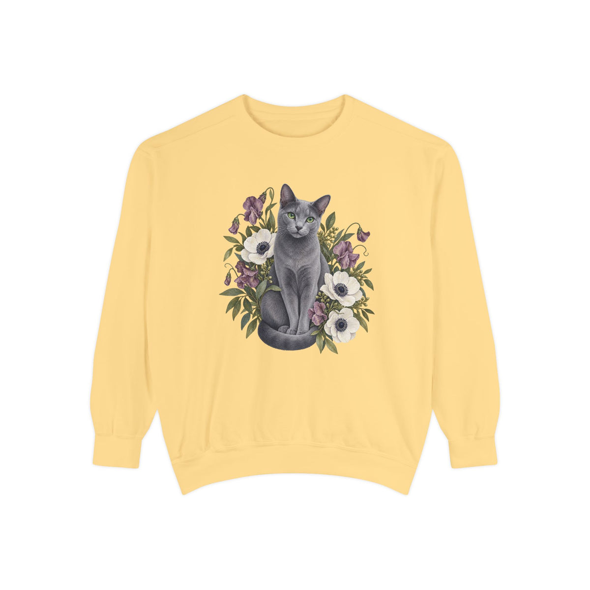Russian Blue cat wildflower sweatshirt in Butter, a pale yellow garment-dyed Comfort Colors 1566 crewneck