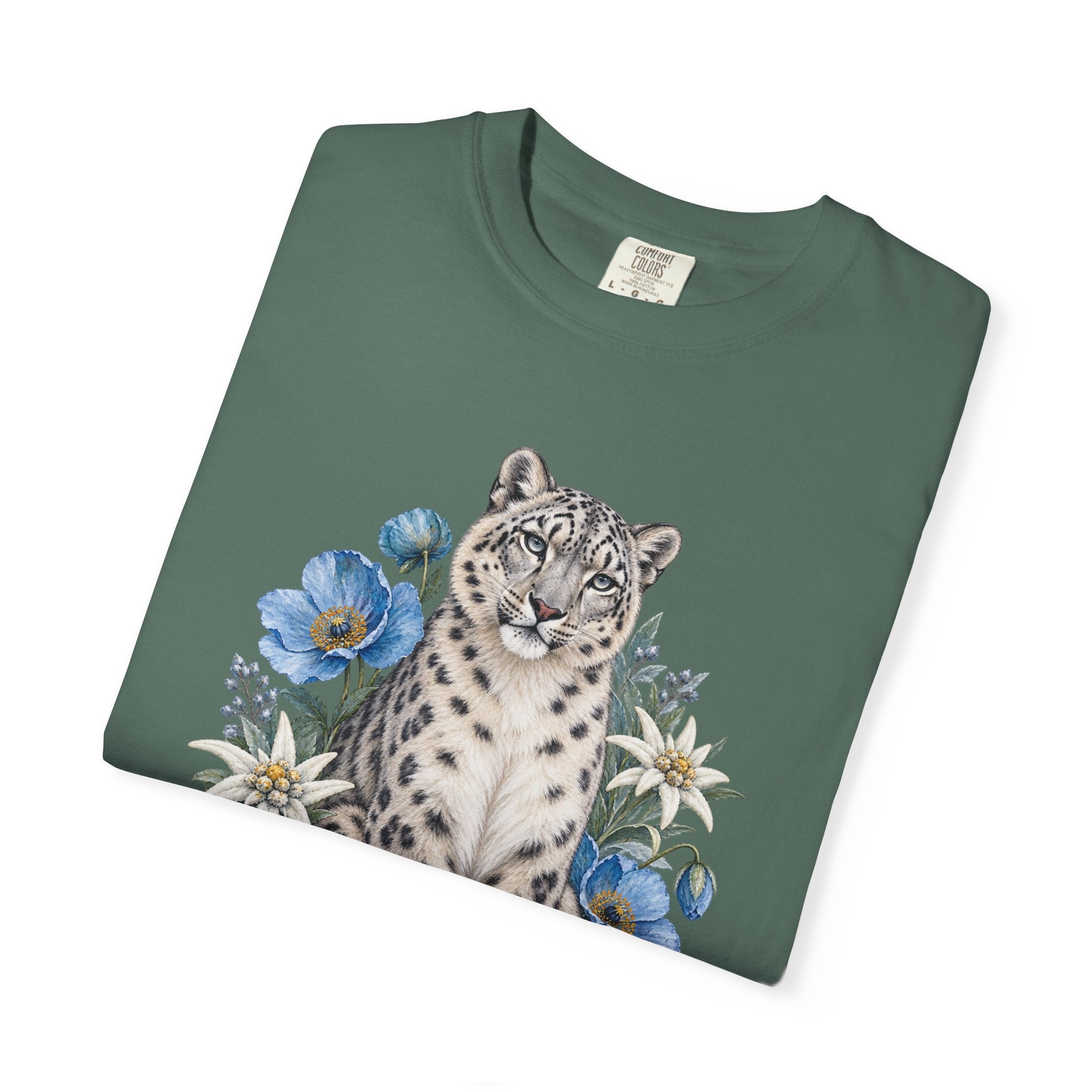 Snow Leopard & Blue Poppy T-Shirt — relaxed unisex fit, modelled