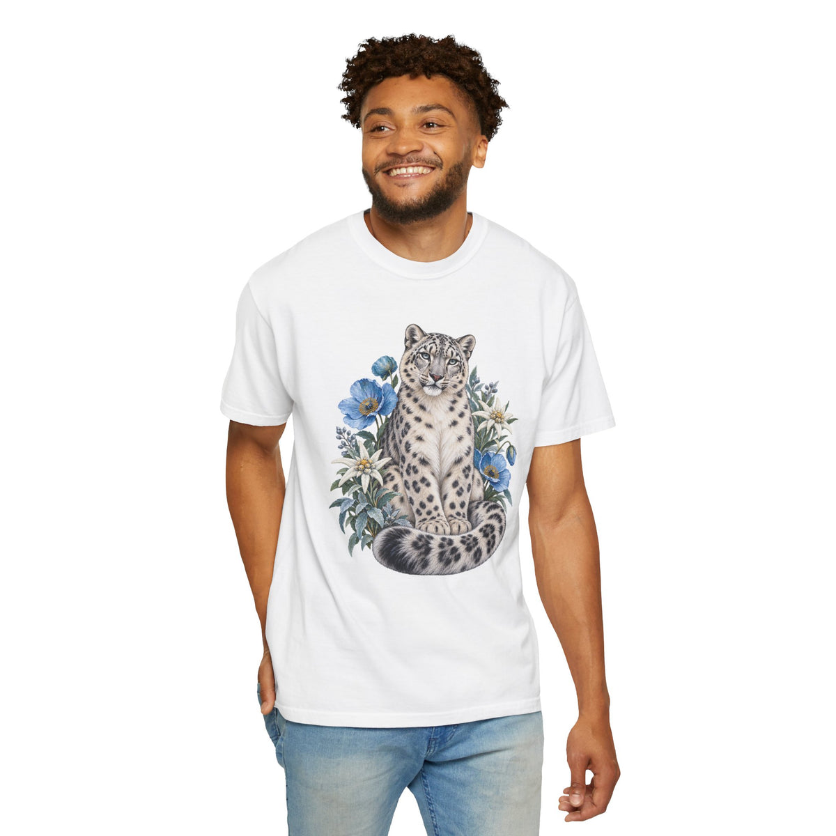 Snow Leopard & Blue Poppy T-Shirt — worn outdoors