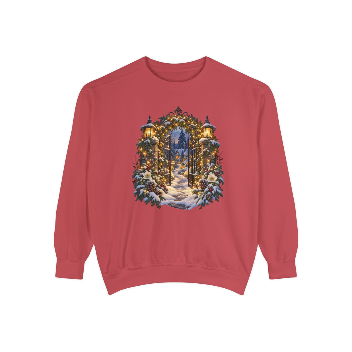 Christmas garden gate sweatshirt in Crimson, a deep red garment-dyed Comfort Colors 1566 crewneck with a snowy lantern-lit garden gate