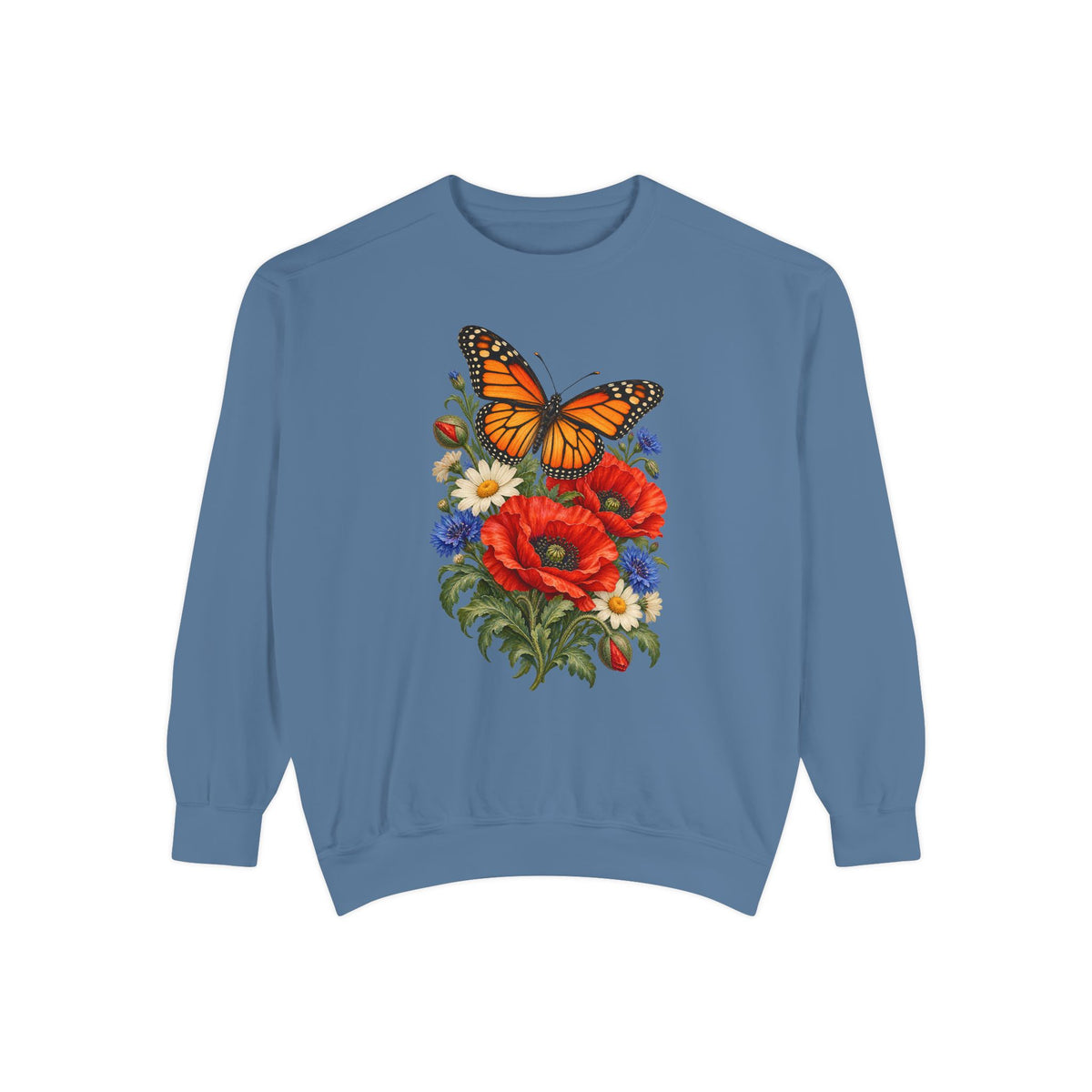 Red poppies and an orange-and-black butterfly on a heavyweight garment-dyed Comfort Colors sweatshirt