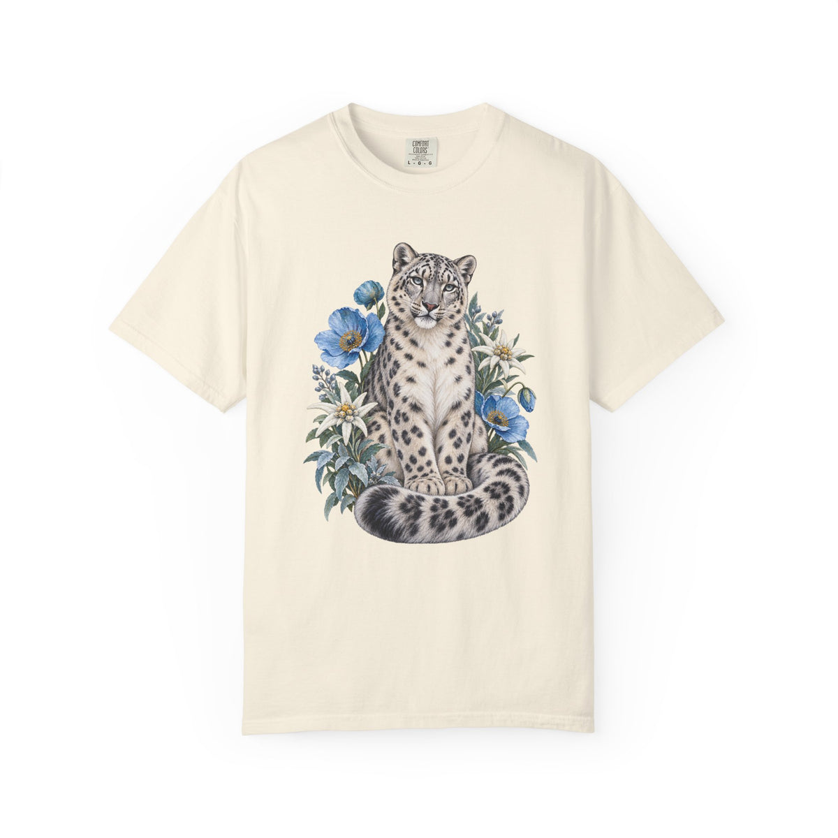 Snow Leopard & Blue Poppy T-Shirt — snow leopard among blue poppies on garment-dyed cotton