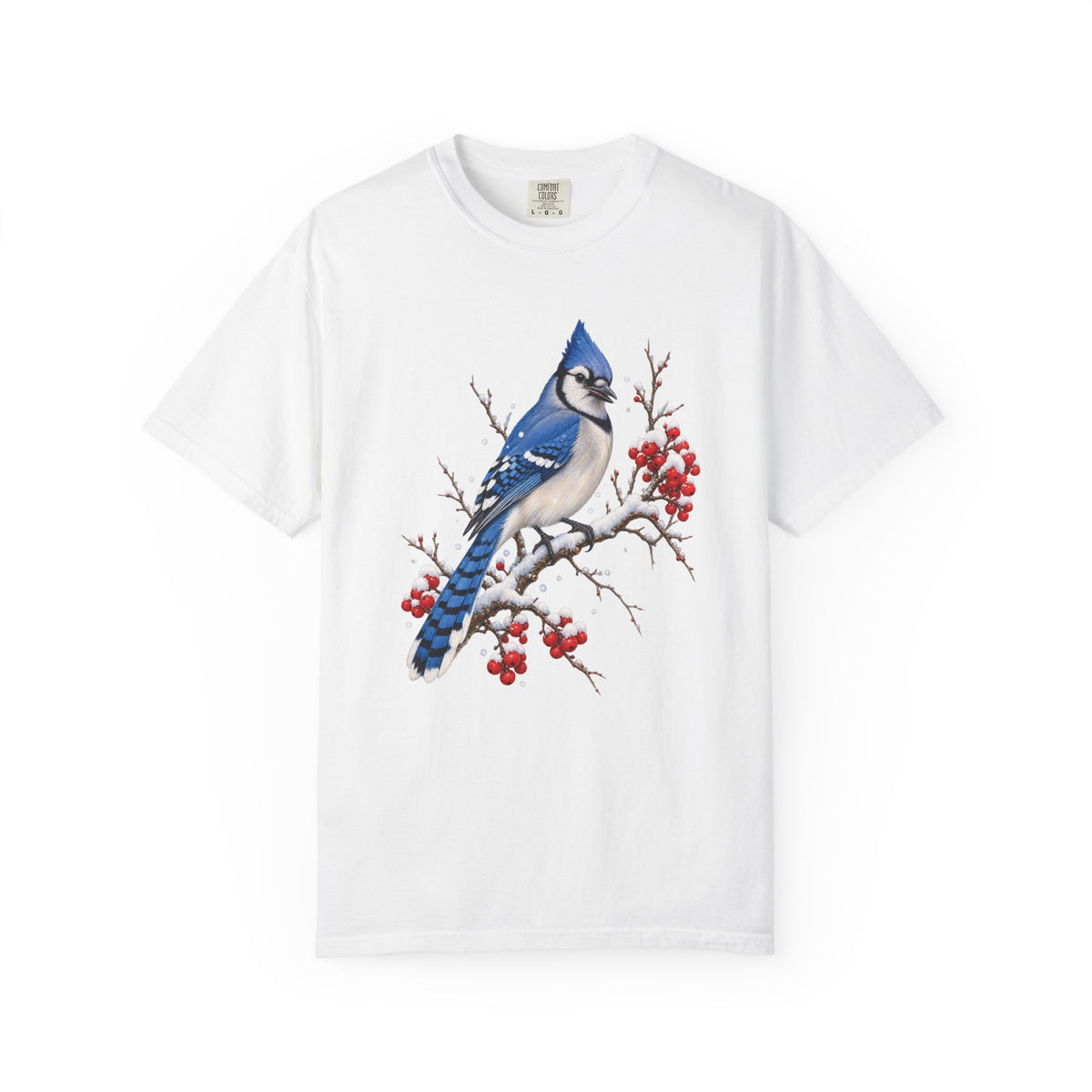 Blue jay winterberry t-shirt in White – watercolor blue jay bird on a snow-capped red-berry branch, garment-dyed Comfort Colors cotton tee