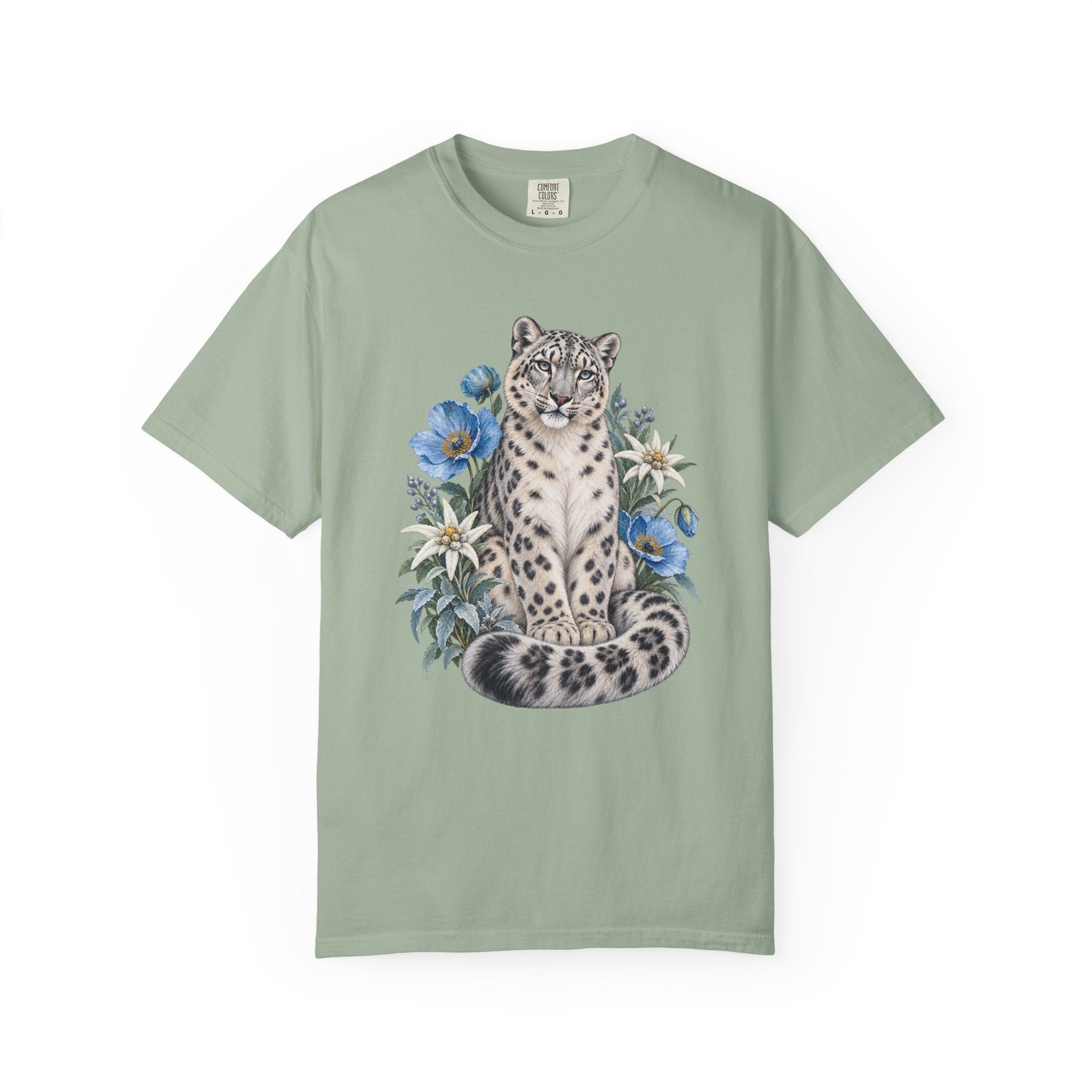 Snow Leopard & Blue Poppy T-Shirt — garment-dyed cotton with front botanical print