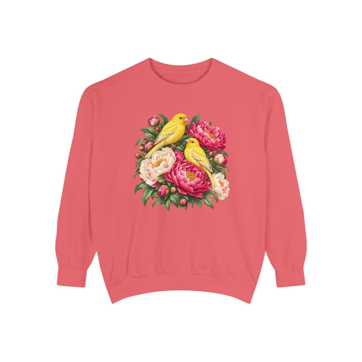 Yellow Songbirds and Pink Peony Sweatshirt - a printed graphic lying flat into the weave, not embroidery and not an applique patch