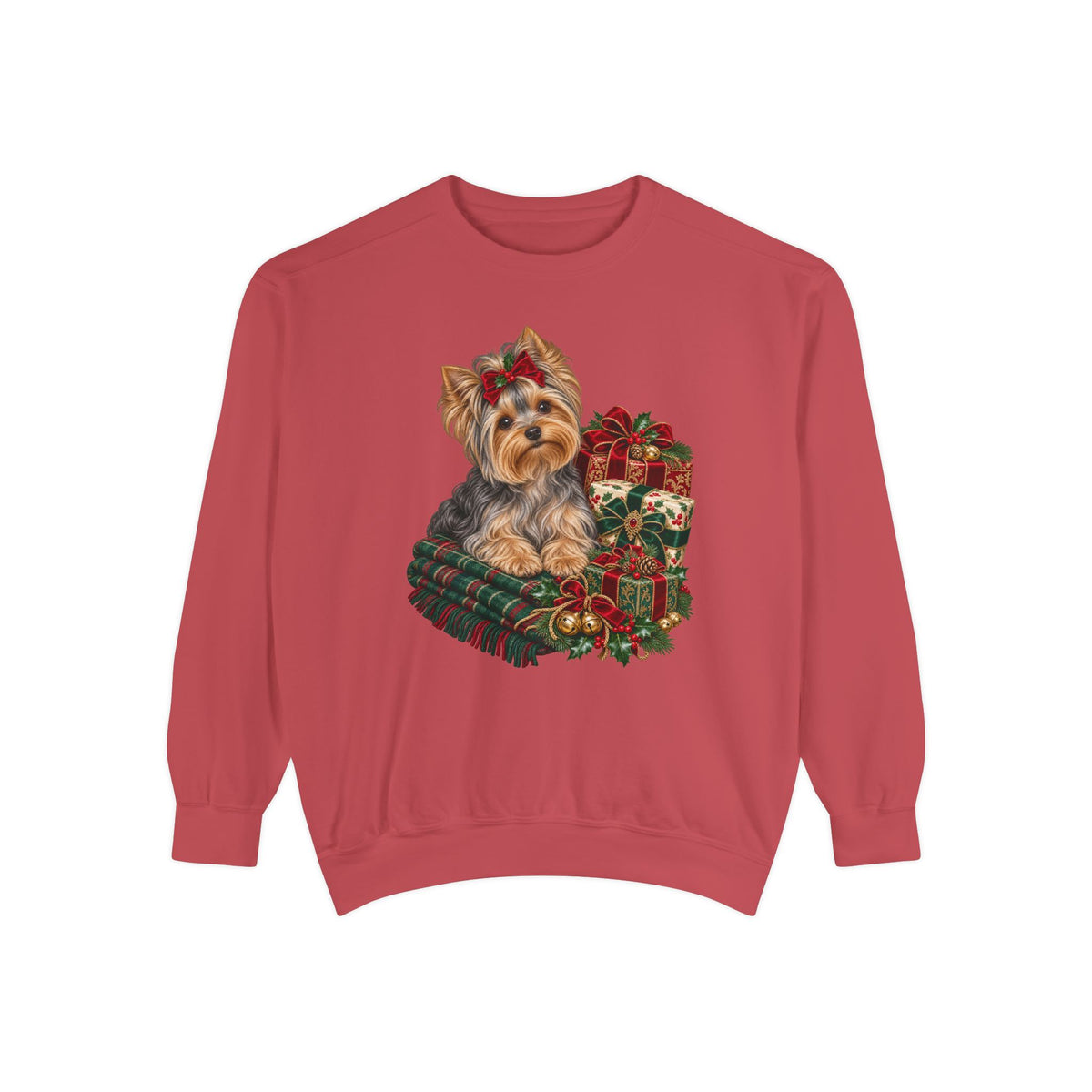 Yorkie Christmas sweatshirt in Crimson, front view