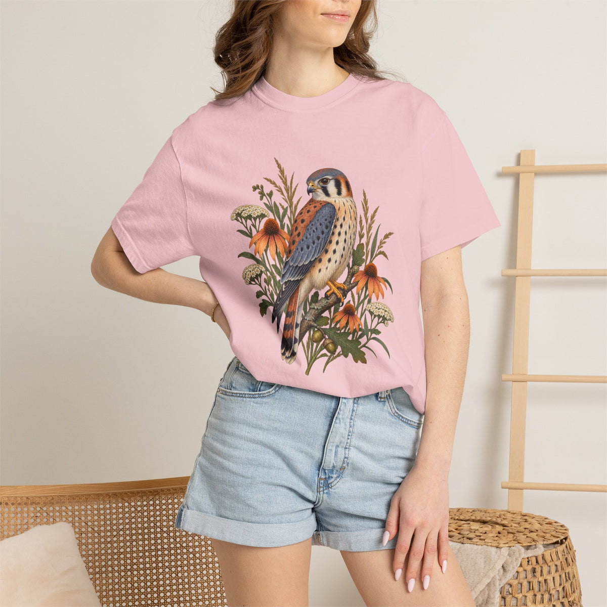 American Kestrel & Coneflower T-Shirt — Garment-Dyed Cotton