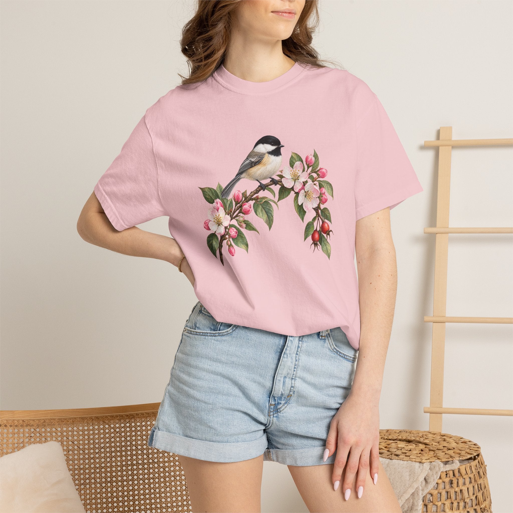 Chickadee & Apple Blossom T-Shirt — Garment-Dyed Cotton