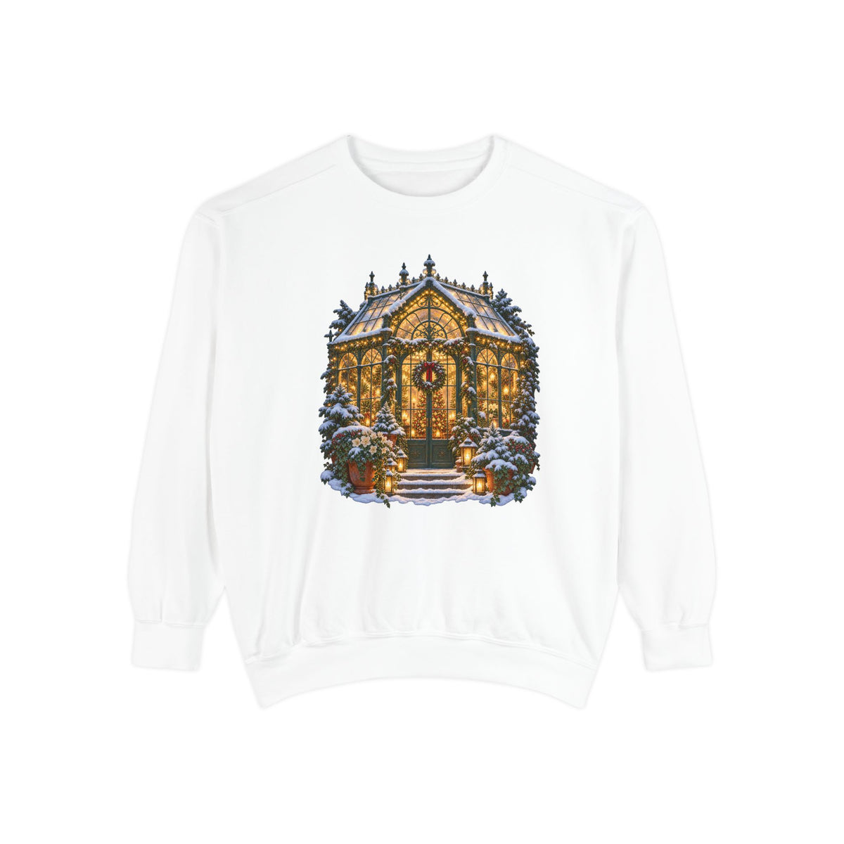 Christmas greenhouse sweatshirt in White, a garment-dyed Comfort Colors 1566 crewneck with a snowy Victorian conservatory, wreath and lanterns