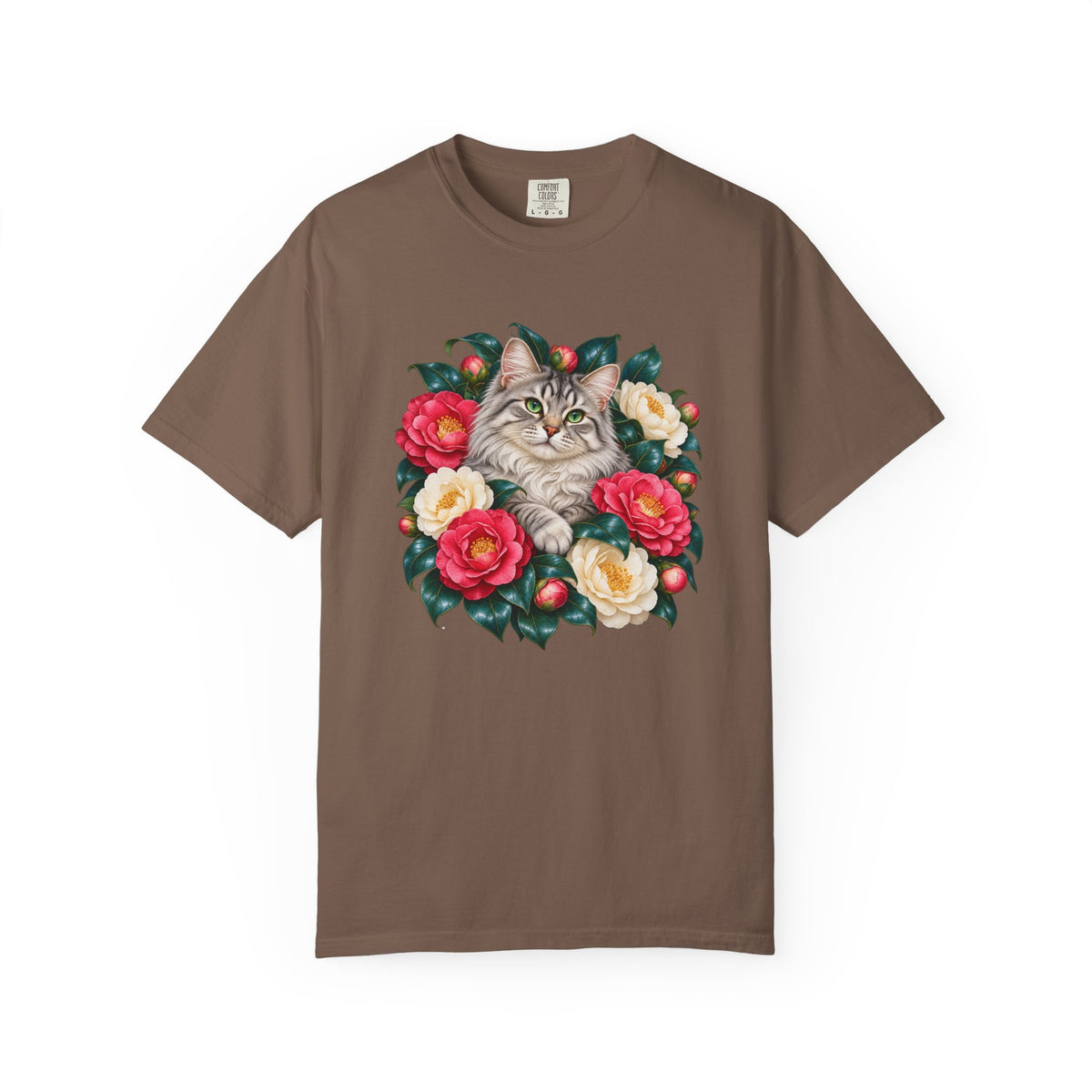 Cat lover botanical tee - a silver tabby framed by a closed ring of camellias, evergreen foliage and winter berries, no text in the design