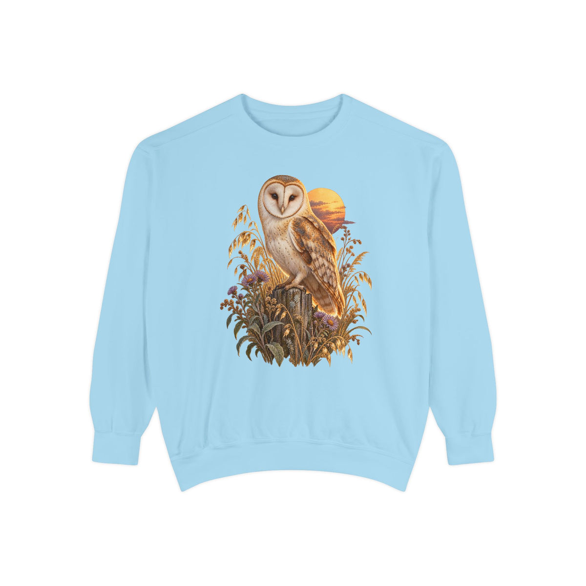 Barn owl at dusk sweatshirt in Chambray, front view